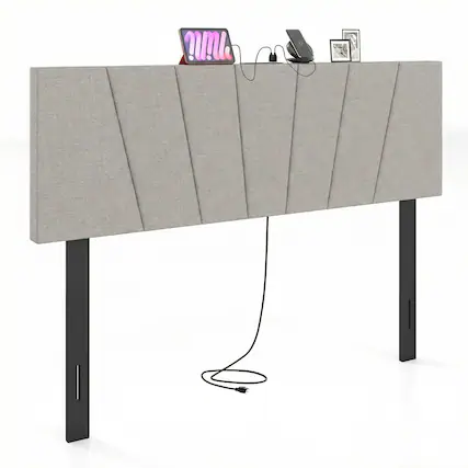 Front. Gymax - Gymax Headboard for Queen&Full Size BedGeometric Upholstered Head Board w/2AC Outlets Gray - Grey.