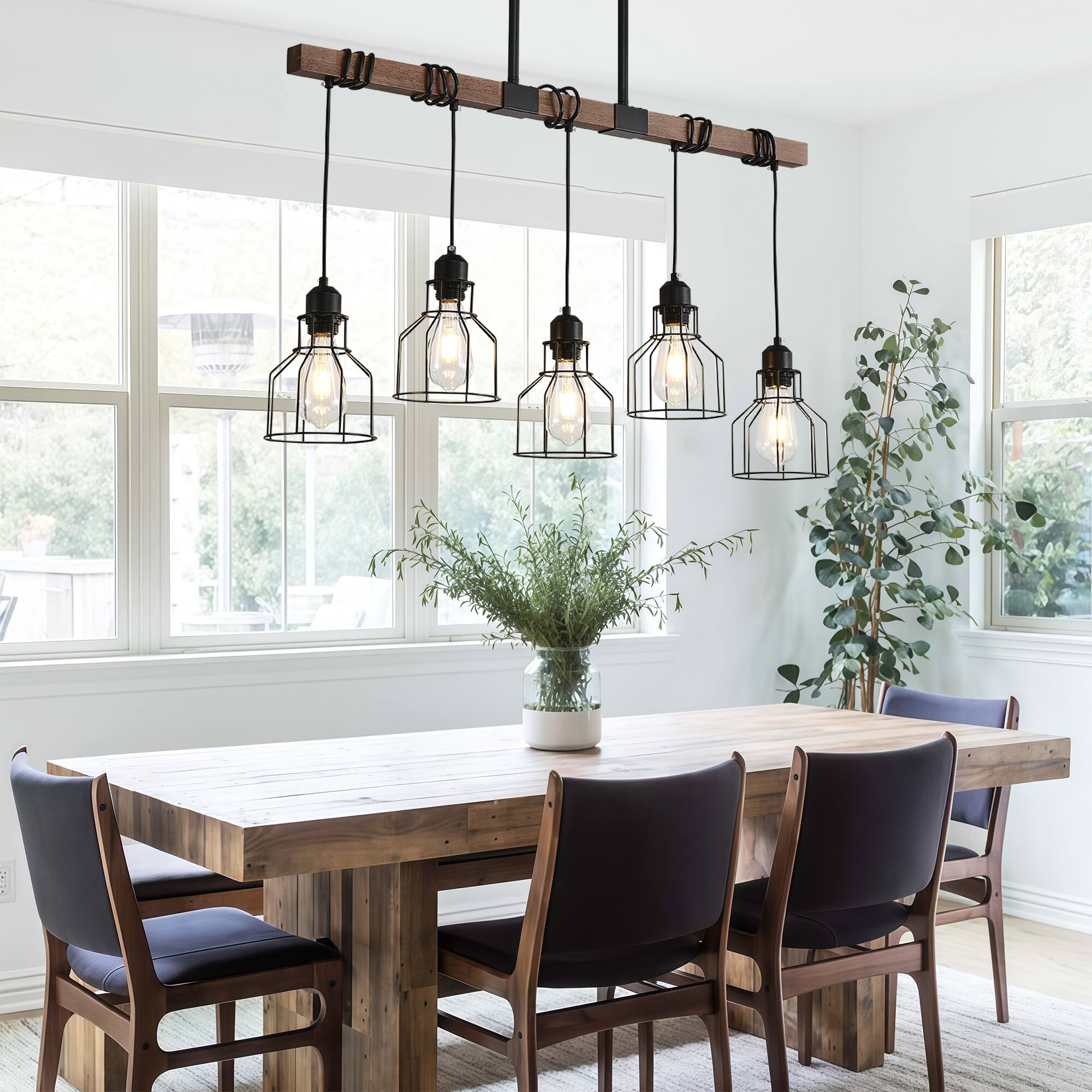 Alt View 1. RYHNUYNE - 5-Light Dining Room Light Fixture Over Table, 37" Rustic Farmhouse Kitchen Island Lighting, Modern Linear Chandelier wit - Black.