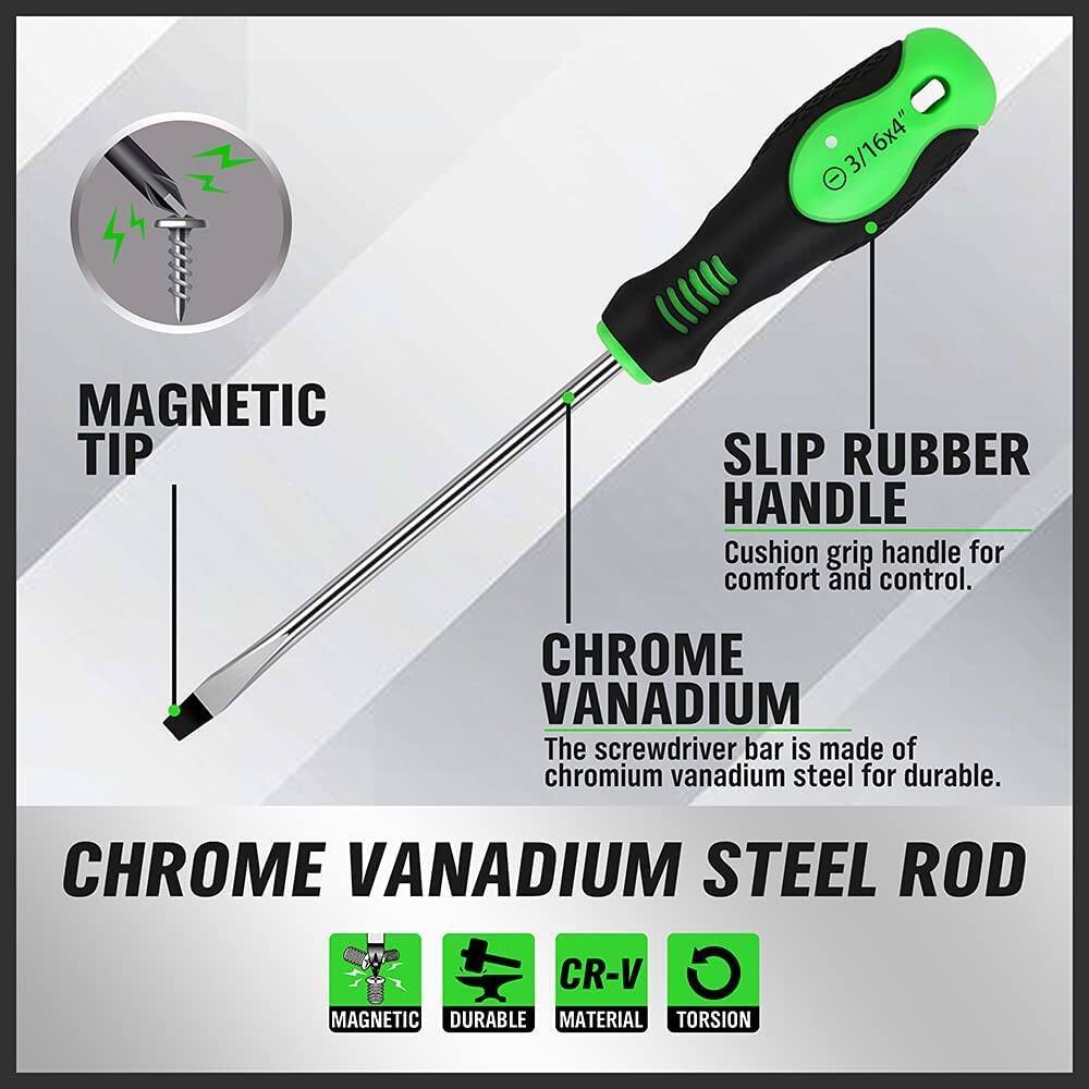 3/16x4" MAGNETIC TIP SLIP RUBBER HANDLE  
Cushion grip handle for comfort and control.  
CHROME VANADIUM  
The screwdriver bar is made of chromium vanadium steel for durable.  
CHROME VANADIUM STEEL ROD  
CR-V MATERIAL  
TORSION  
MAGNETIC  
DURABLE