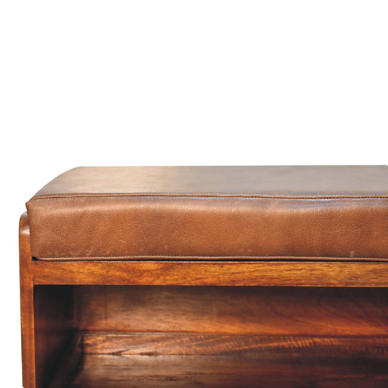 Alt View 1. Artisan Furniture - Artisan Furniture Solid Wood Buffalo Hide Pull out Chestnut Shoe Storage Bench, Upholstered, Dark Brown - Dark Brown.