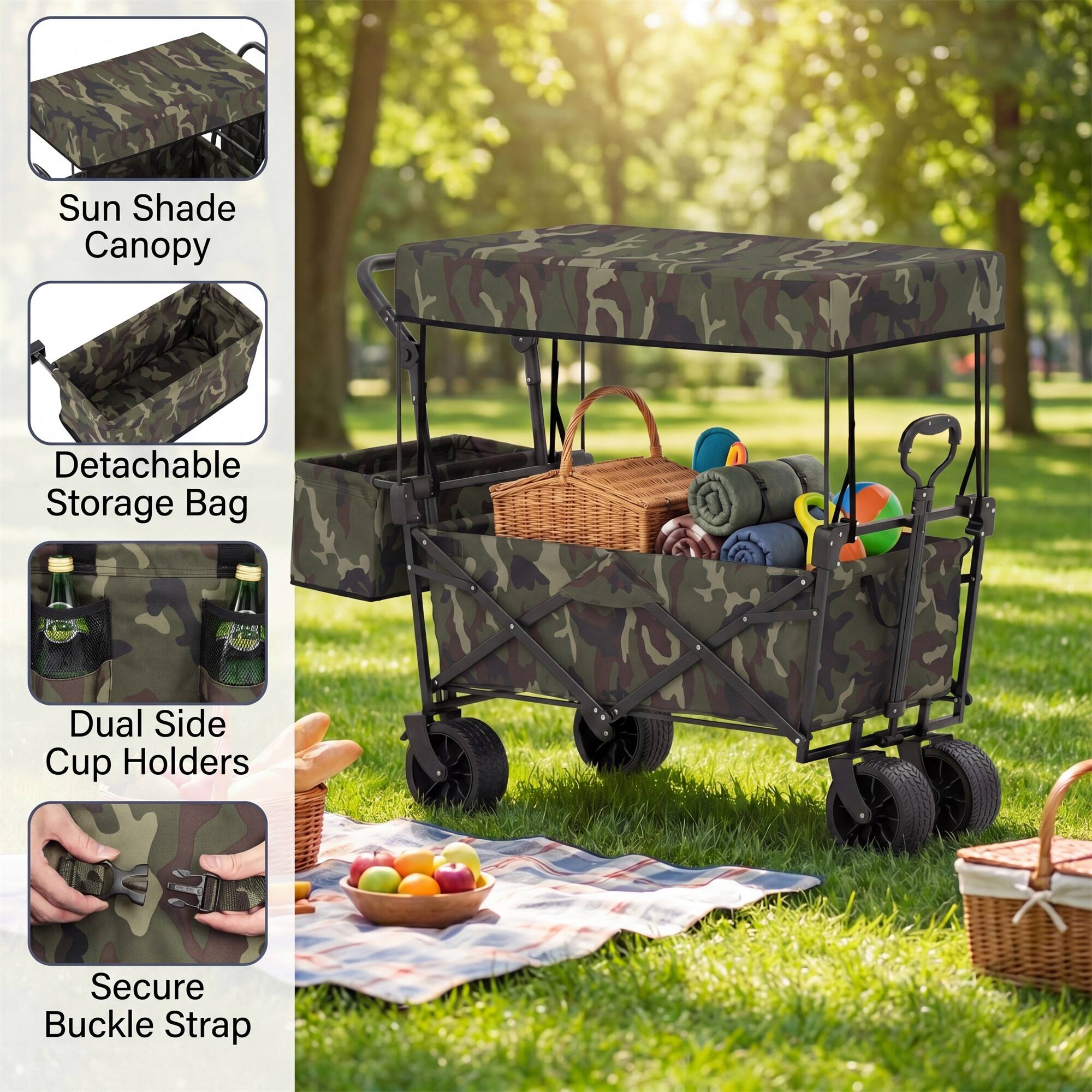 Sun Shade Canopy  
Detachable Storage Bag  
Dual Side Cup Holders  
Secure Buckle Strap