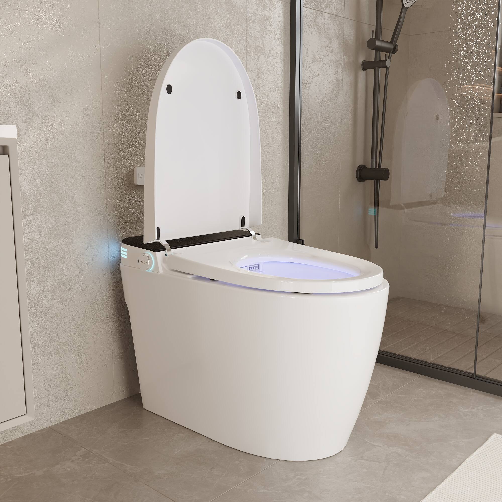 Angle. Famapy - Heated Smart Toilet with Auto Flush & Open/Close Lid, Adjustable Bidet, Warm Air Dryer, UV-Clean Nozzle - White.
