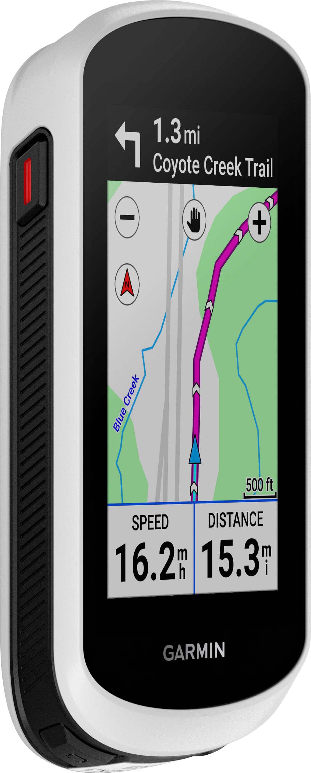 The text on the image reads: "1.3 mi Coyote Creek Trail - + Creek Blue 500 ft SPEED DISTANCE m m 16.2m h 15.3" i GARMIN." This information is displayed on a Garmin device, which is a GPS device used for navigation and tracking purposes. The device shows the user's current location and the distance to their destination, as well as the estimated time of arrival based on their current speed. The "i GARMIN" at the end of the text indicates that the device is made by the company Garmin.