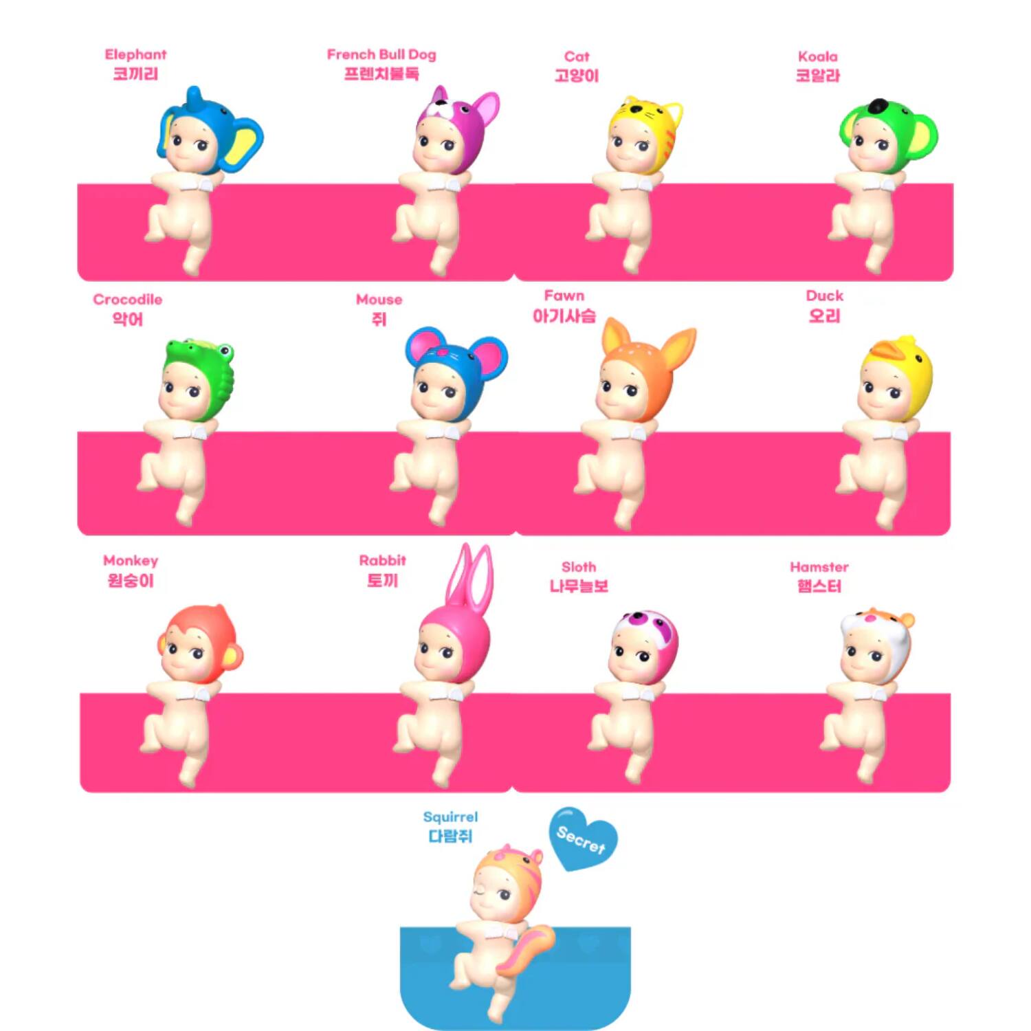 Elephant  
French Bull Dog  
Cat  
Koala  
Crocodile  
Mouse  
Fawn  
Duck  
Monkey  
Rabbit  
Sloth  
Hamster  
Squirrel  
Secret