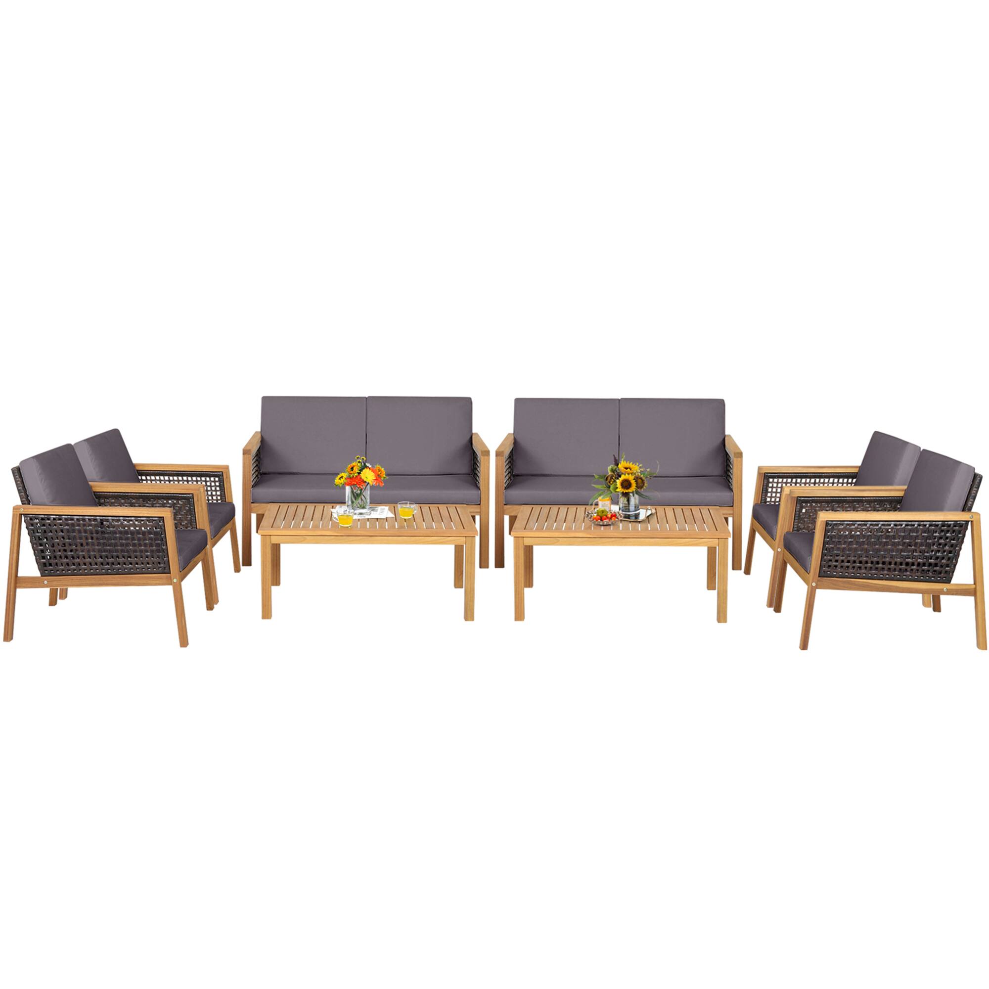 Alt View 1. Gymax - Gymax 8PCS Patio Conversation Acacia Wood Furniture Set PE Rattan Conversation Set w/ Grey Cushions - Gray.