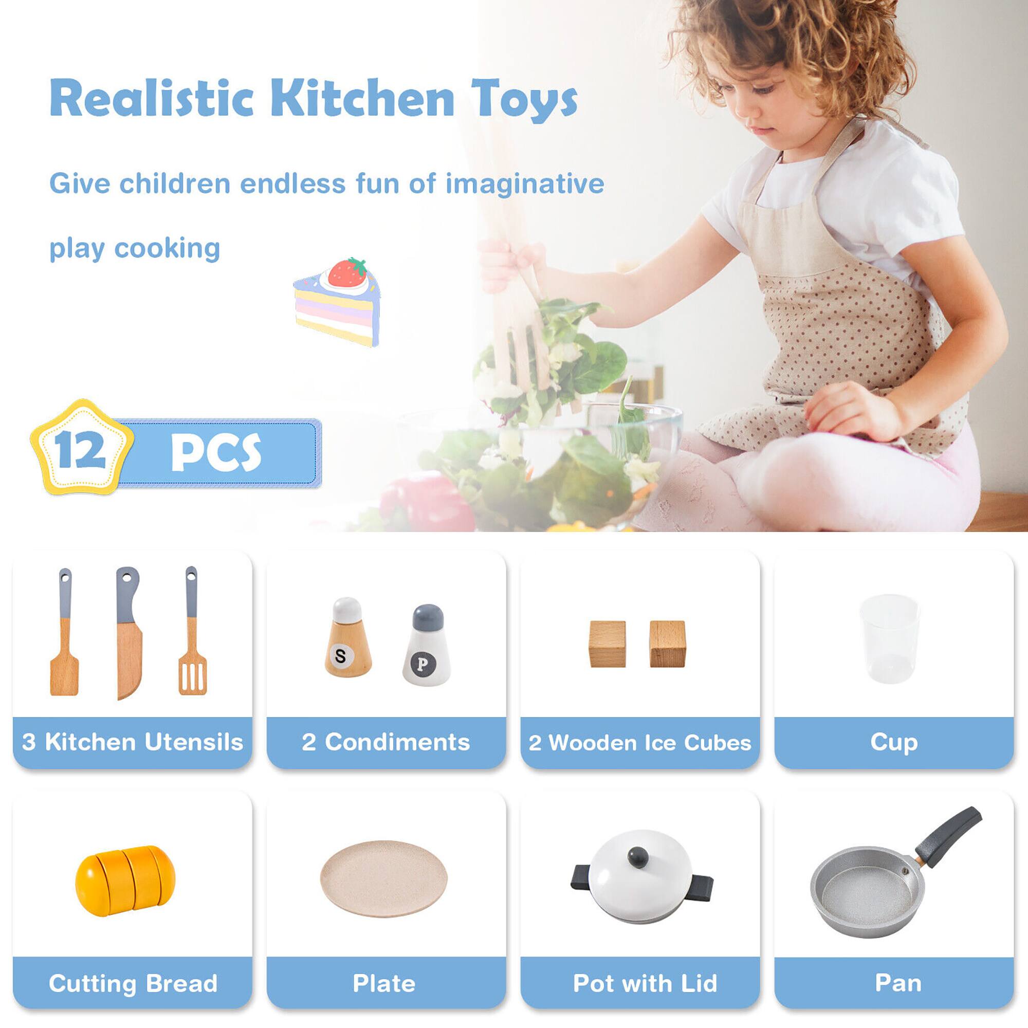 Realistic Kitchen Toys

Give children endless fun of imaginative play cooking

12 PCS

3 Kitchen Utensils

2 Condiments

2 Wooden Ice Cubes

Cup

Cutting Bread

Plate

Pot with Lid

Pan