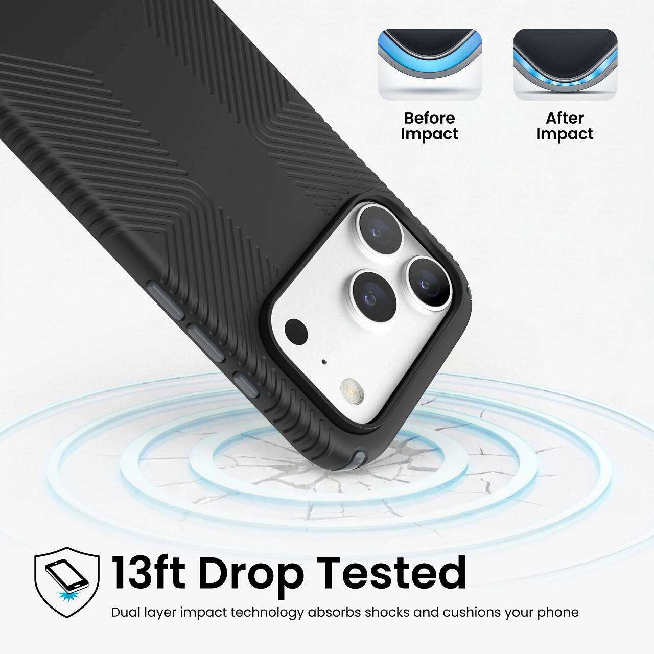 Before Impact  
After Impact  
13ft Drop Tested  
Dual layer impact technology absorbs shocks and cushions your phone