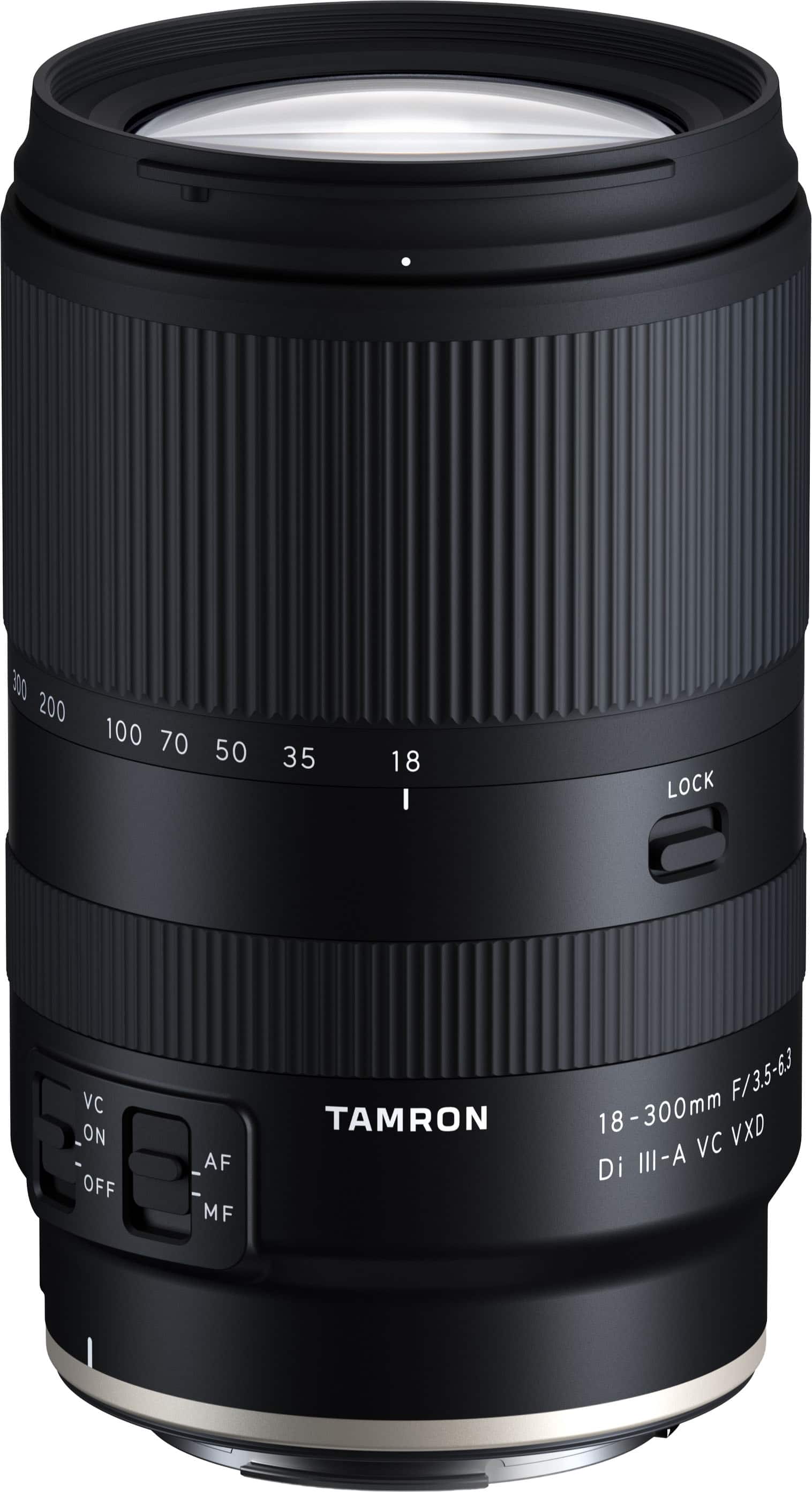 Sure, here is the corrected and grouped text from the image:
- **TAMRON**
- **18-300mm f/3.5-6.3 Di III-A VC VXD**
- **VC ON OFF**
- **AF MF**
- **LOCK**
- **18 35 50 70 100 200 300**