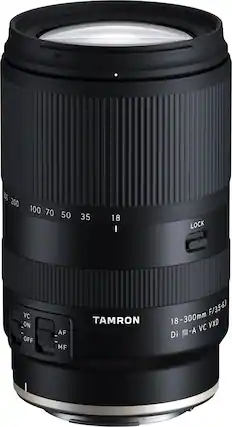 Sure, here is the corrected and grouped text from the image:
- **TAMRON**
- **18-300mm f/3.5-6.3 Di III-A VC VXD**
- **VC ON OFF**
- **AF MF**
- **LOCK**
- **18 35 50 70 100 200 300**