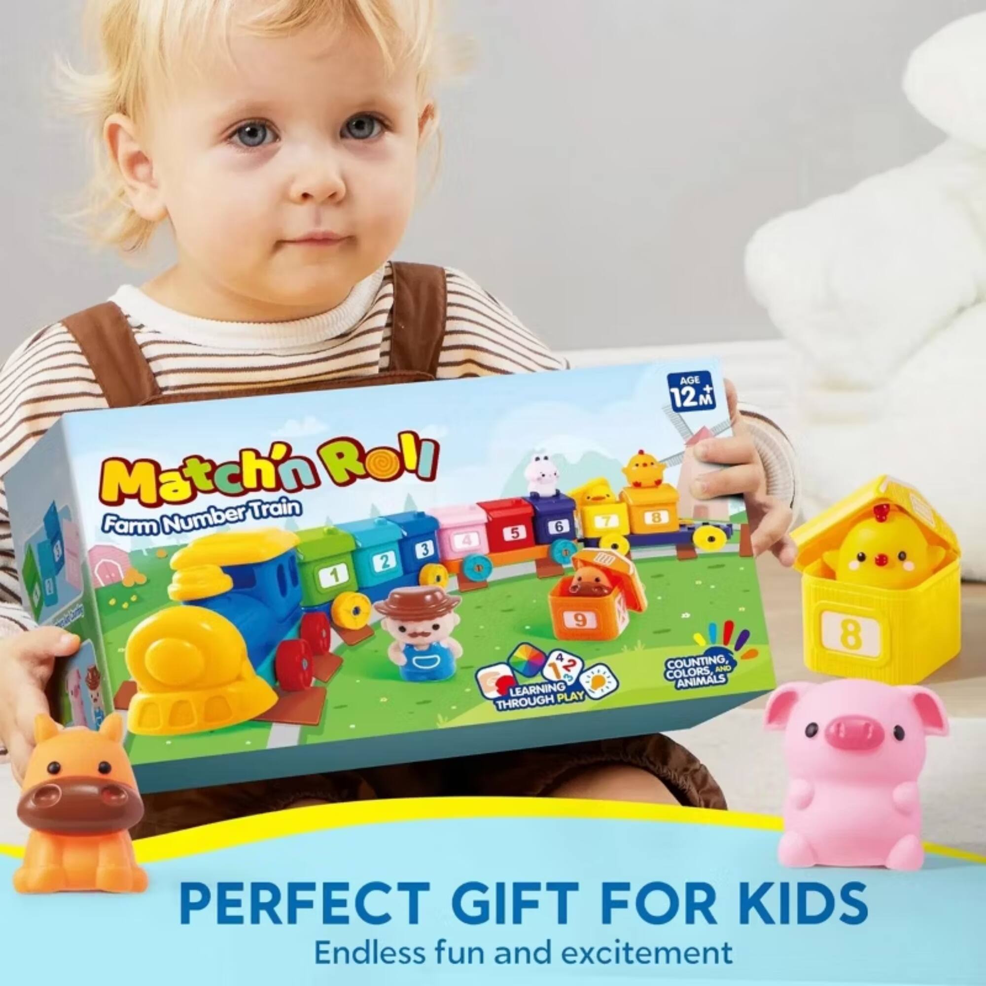 Matchin Roll Number Train  
Farm  
6 7 5 4 3 2 W 1 I 9 A 2  
LEARNING PLAY THROUGH AGE 12  
M B COUNTING, COLORS, ANIMALS  
PERFECT GIFT FOR KIDS  
Endless fun and excitement