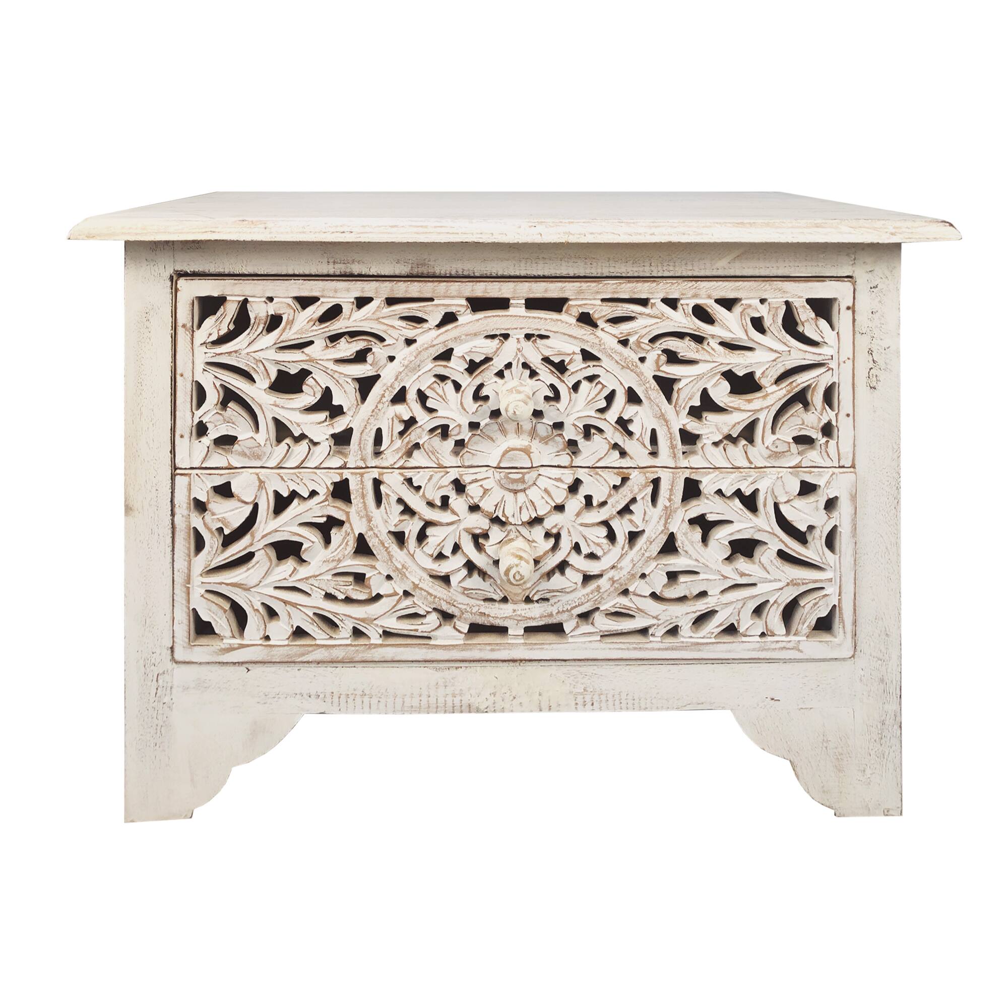 Alt View 1. Manhattan Lane - 24 Inch Handcrafted Mango Wood Nightstand Side Table, 2 Drawers, Floral Carved Cut Out Design - White.