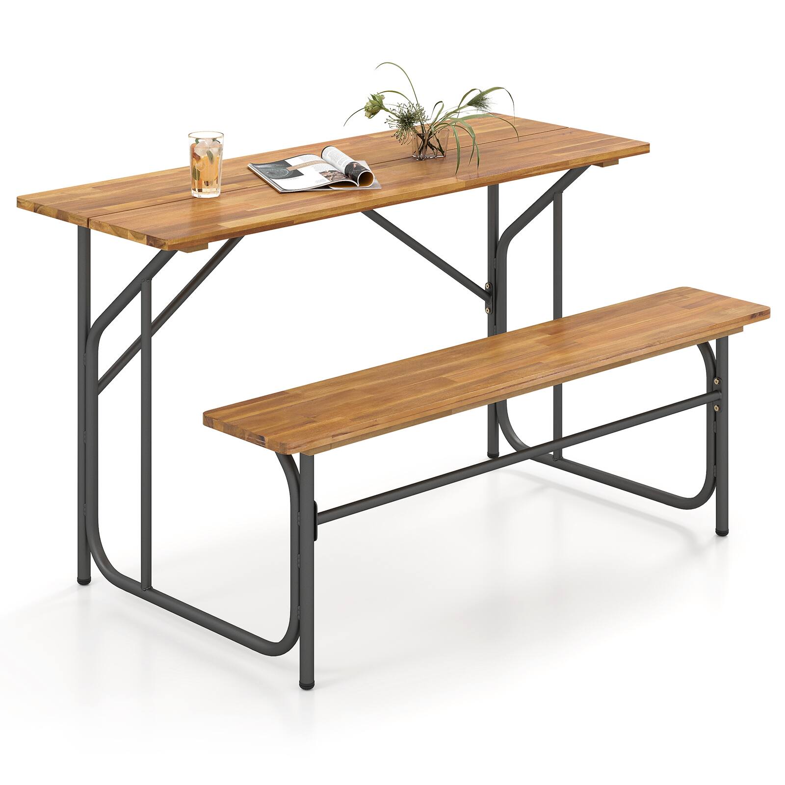 Alt View 9. Gymax - Gymax Patio Table Bench Set for 2 Picnic Table & Loveseat w/Acacia Wood Top Metal Legs - Black.