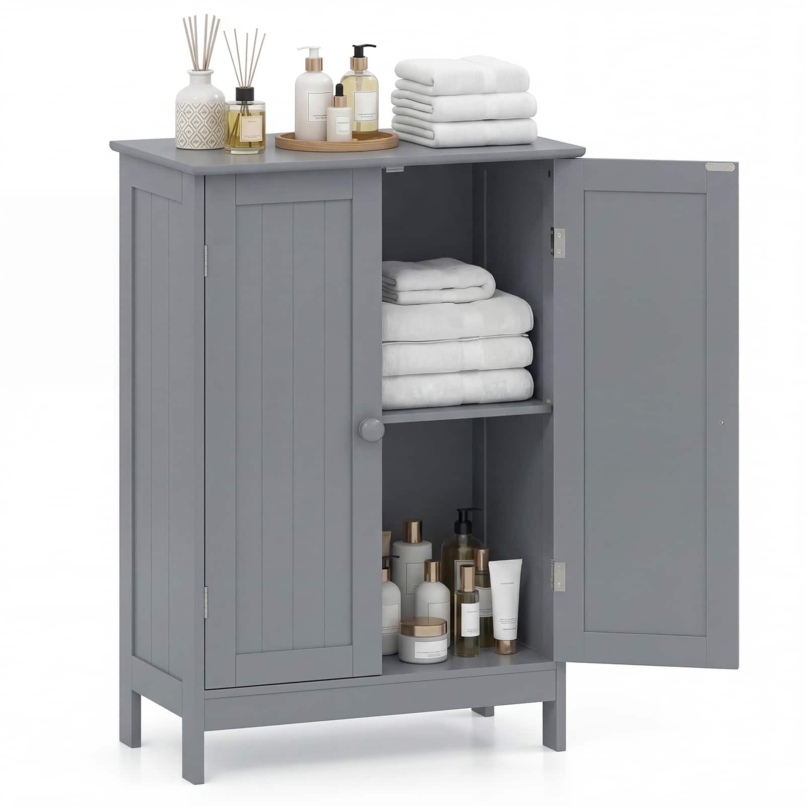 Costway - Bathroom Floor Cabinet Wooden Floor Storage Cabinet Living Room Modern - Gray