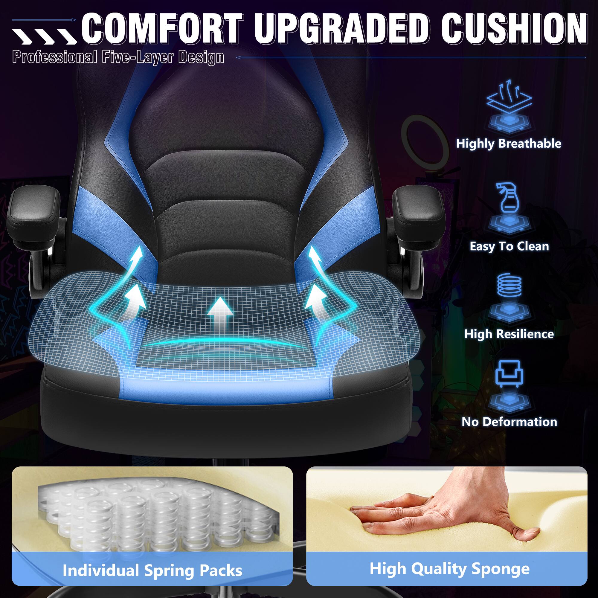 COMFORT UPGRADED CUSHION  
Professional Five-Layer Design  

- Highly Breathable  
- Easy To Clean  
- High Resilience  
- No Deformation  

Individual Spring Packs  
High Quality Sponge