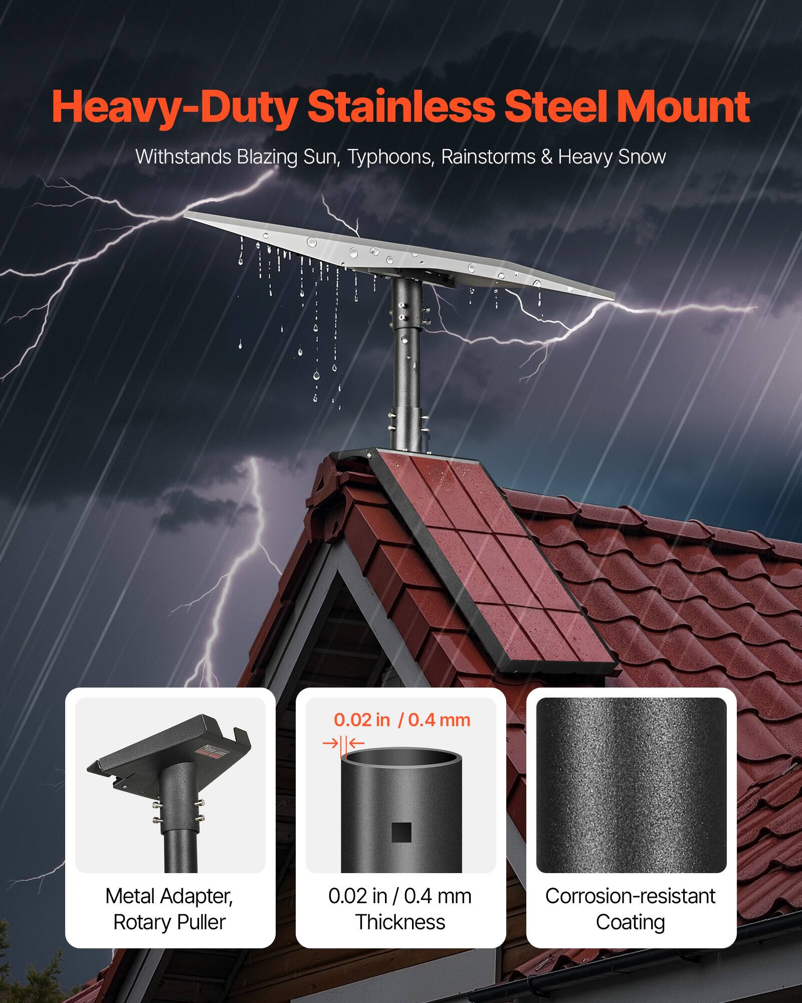 Heavy-Duty Stainless Steel Mount
Withstands Blazing Sun, Typhoons, Rainstorms & Heavy Snow
0.02 in / 0.4 mm Metal Adapter, Rotary Puller
0.02 in / 0.4 mm Thickness
Corrosion-resistant Coating