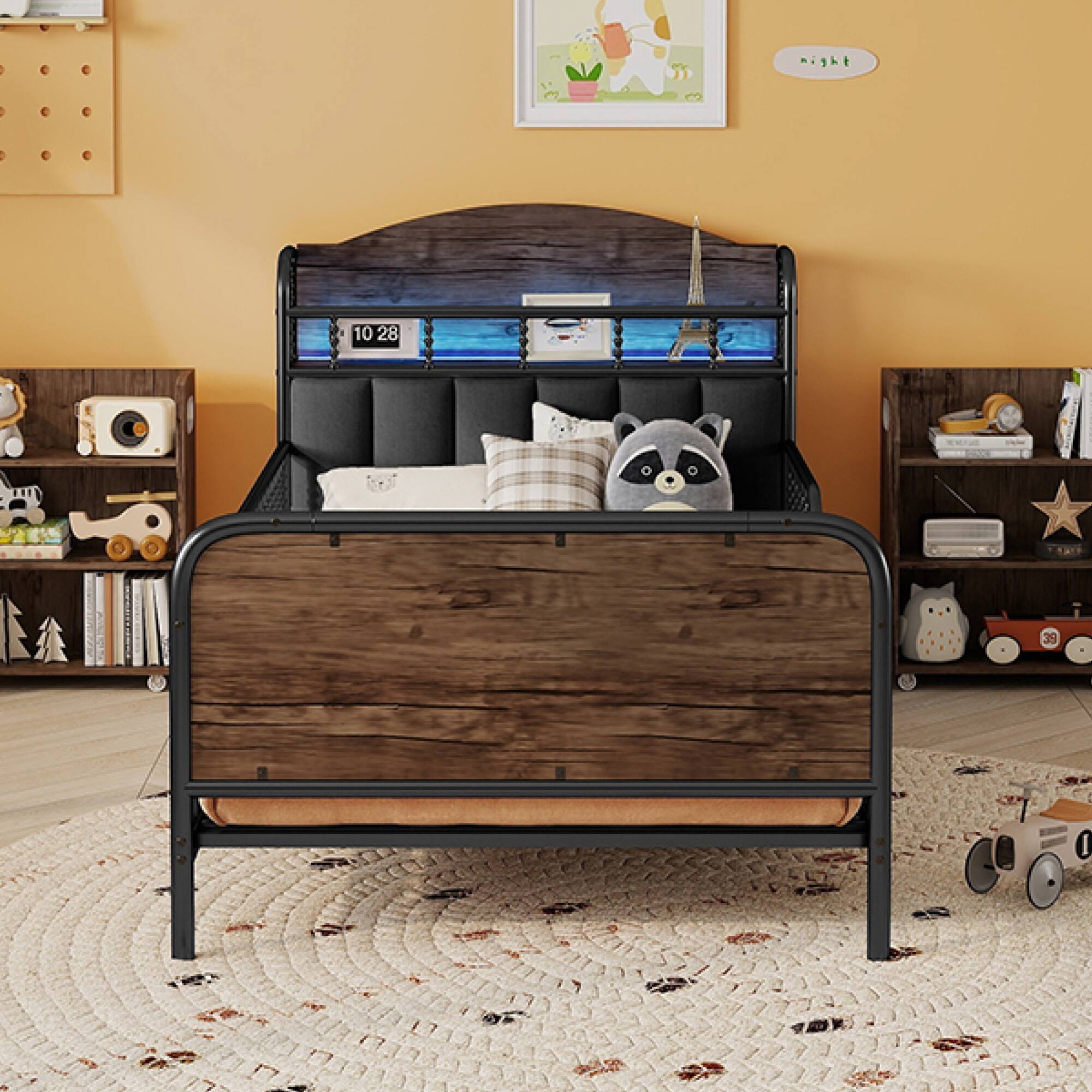 Alt View 5. GOODSILO - Twin Size Metal Platform Bed Frame with LED Lights and Pull-Out Storage Shelves for Kids - Black.