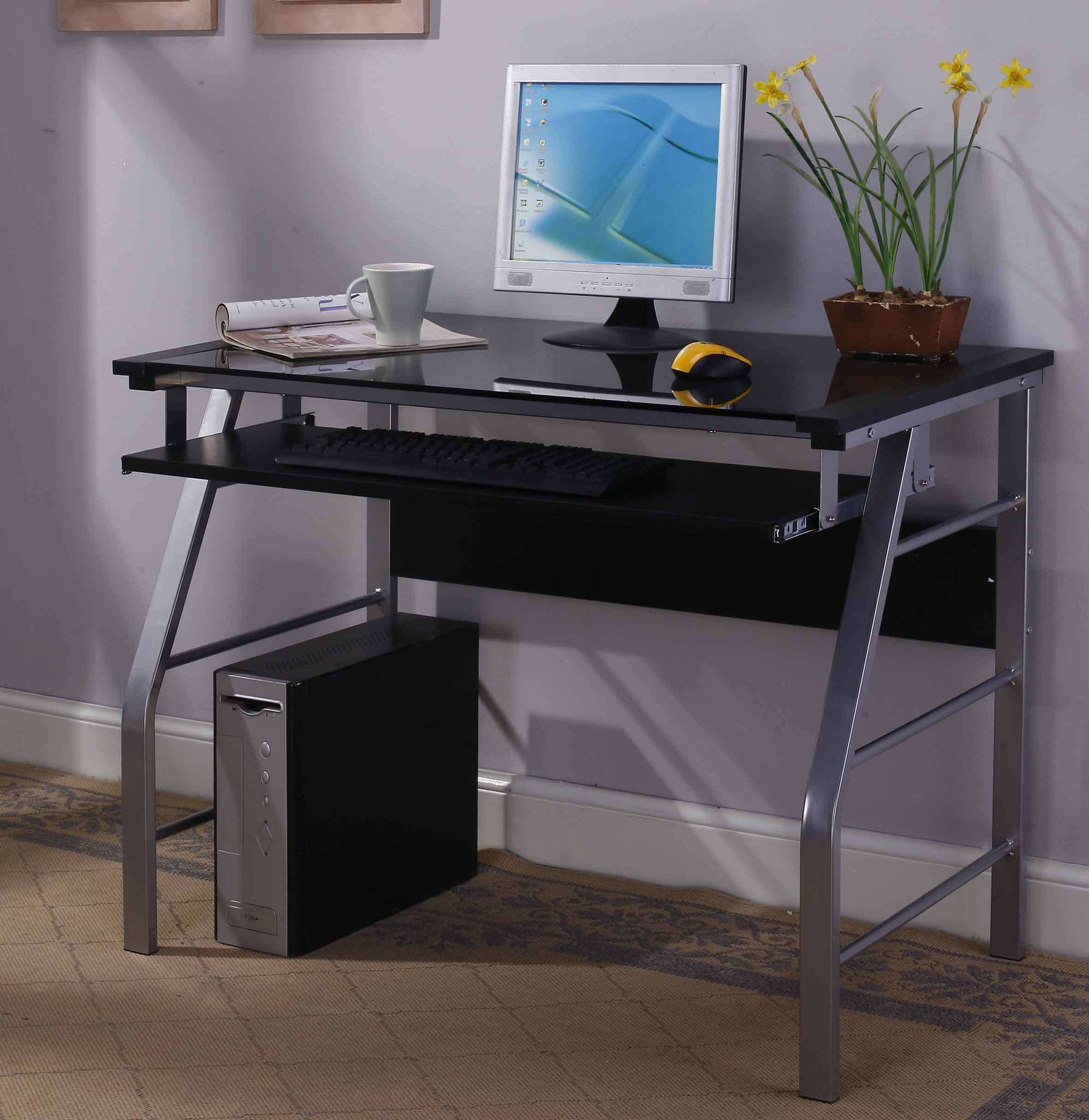 Front. Kings Brand Furniture - Kings Brand Furniture - Home & Office Metal and Glass Workstation Computer Desk with Slide in Keyboard Tray - Black.