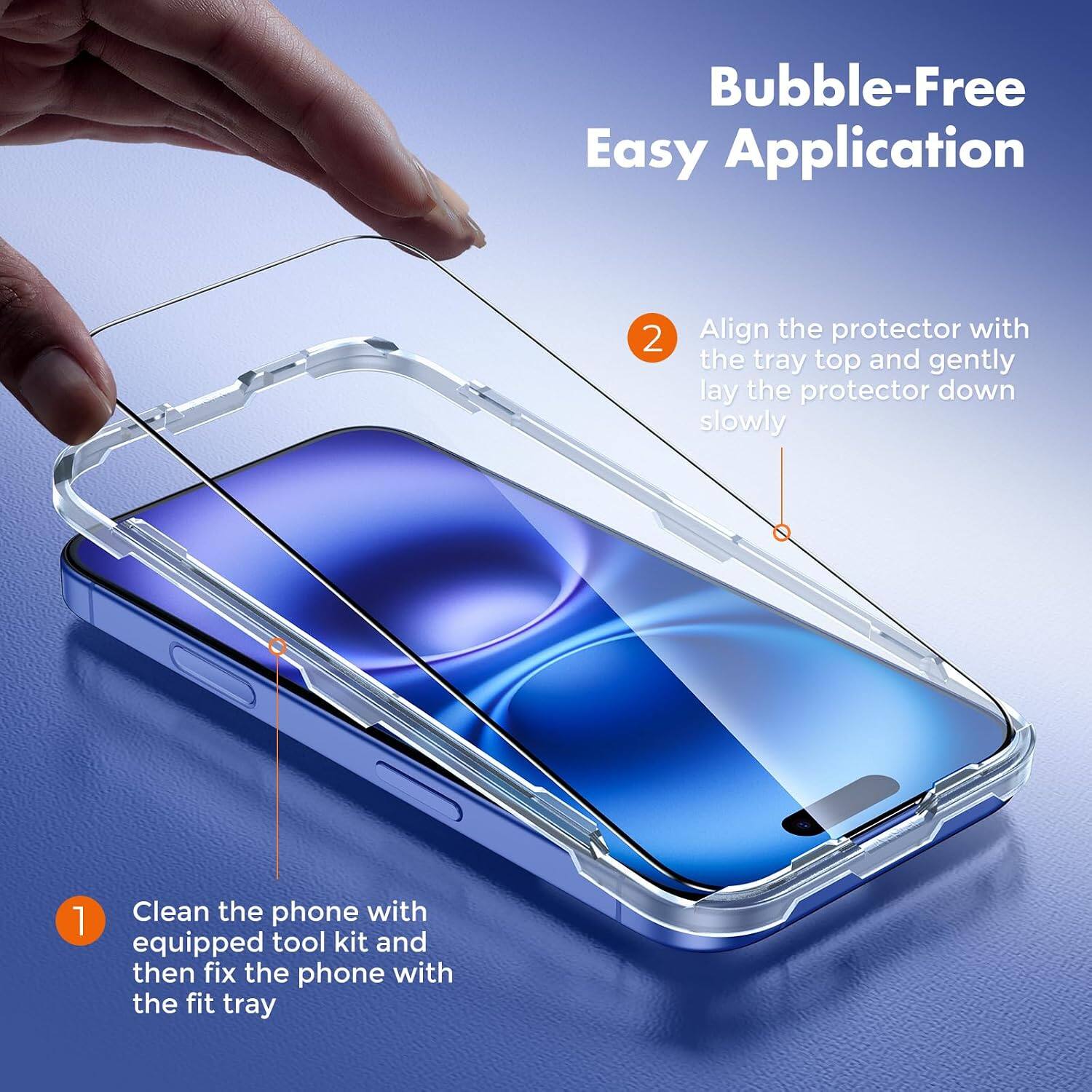 Bubble-Free Easy Application

1. Clean the phone with equipped tool kit and then fix the phone with the fit tray

2. Align the protector with the tray top and gently lay the protector down slowly