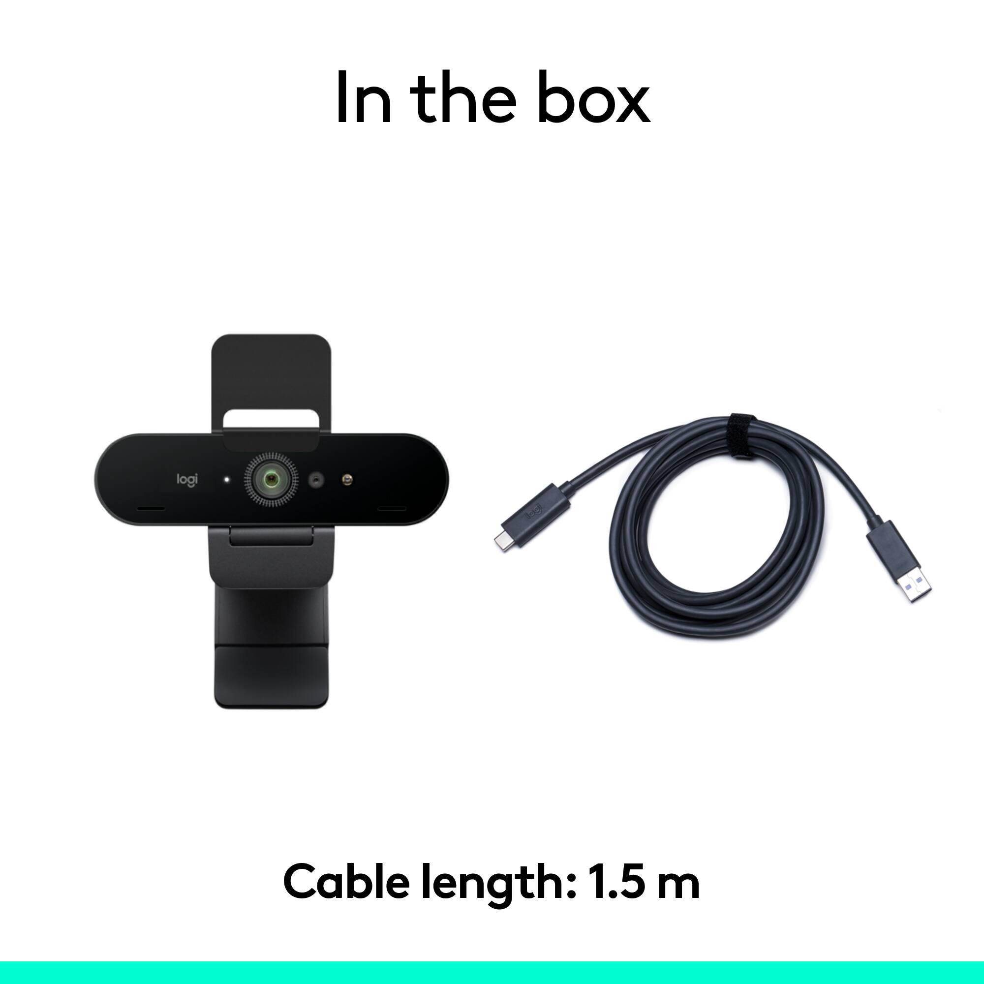In the box, there is a Logi camera and a 1.5 meter long cable.
