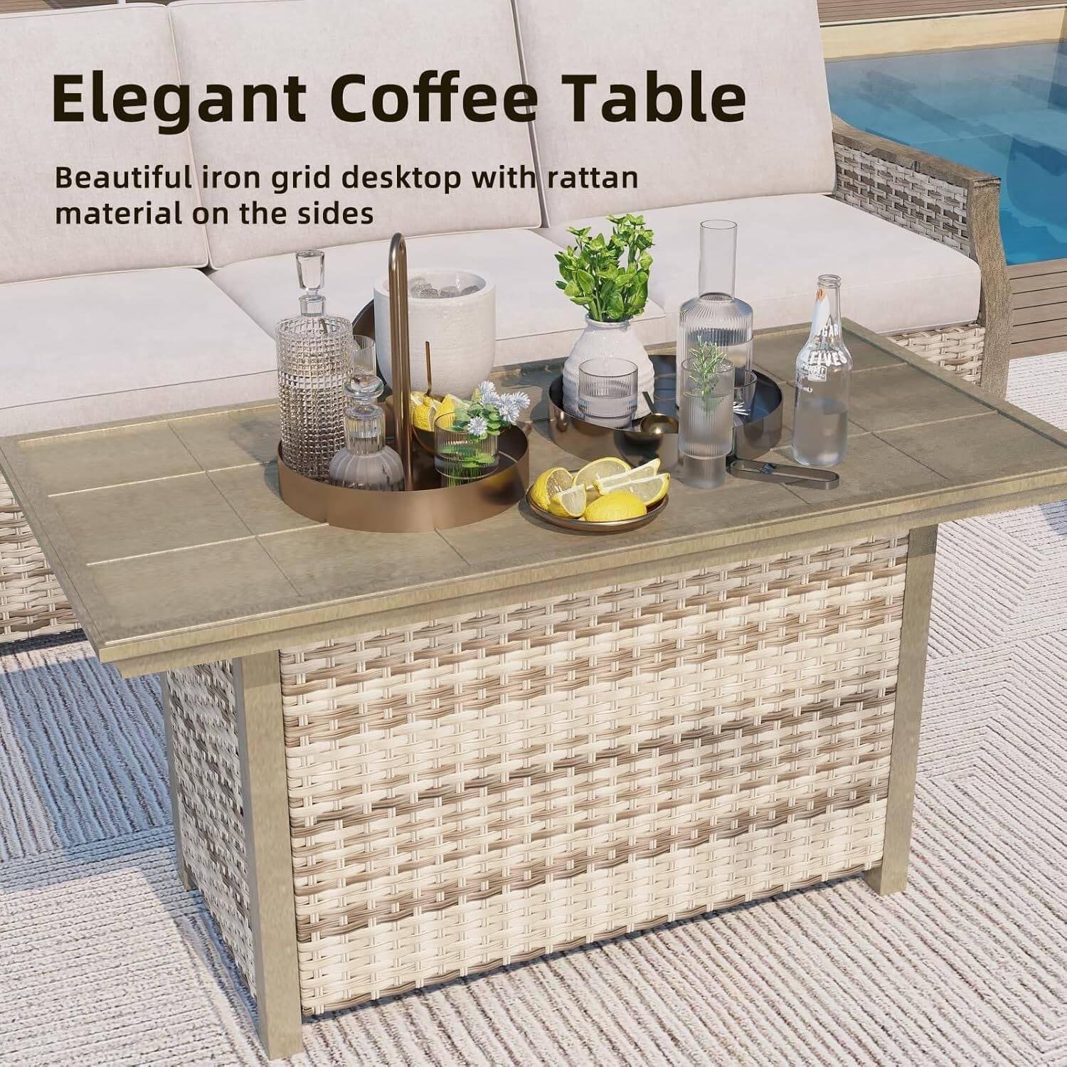 Elegant Coffee Table

Beautiful iron grid desktop with rattan material on the sides