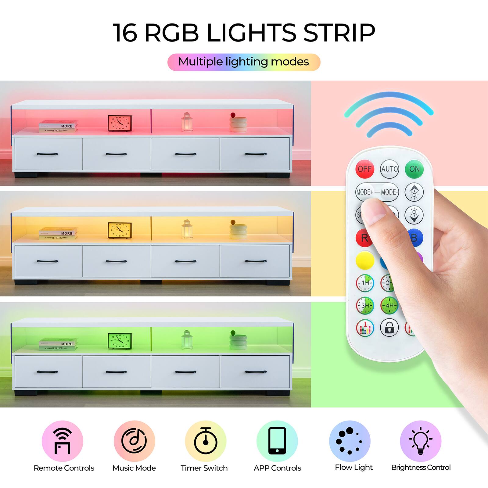 16 RGB LIGHTS STRIP  
Multiple lighting modes  

- OFF  
- AUTO  
- ON  

- MODE-  
- MODE+  

- R  
- G  
- B  

- 1  
- 2  
- 3  
- 4  

- Remote Controls  
- Music Mode  
- Timer Switch  
- APP Controls  
- Flow Light  
- Brightness Control
