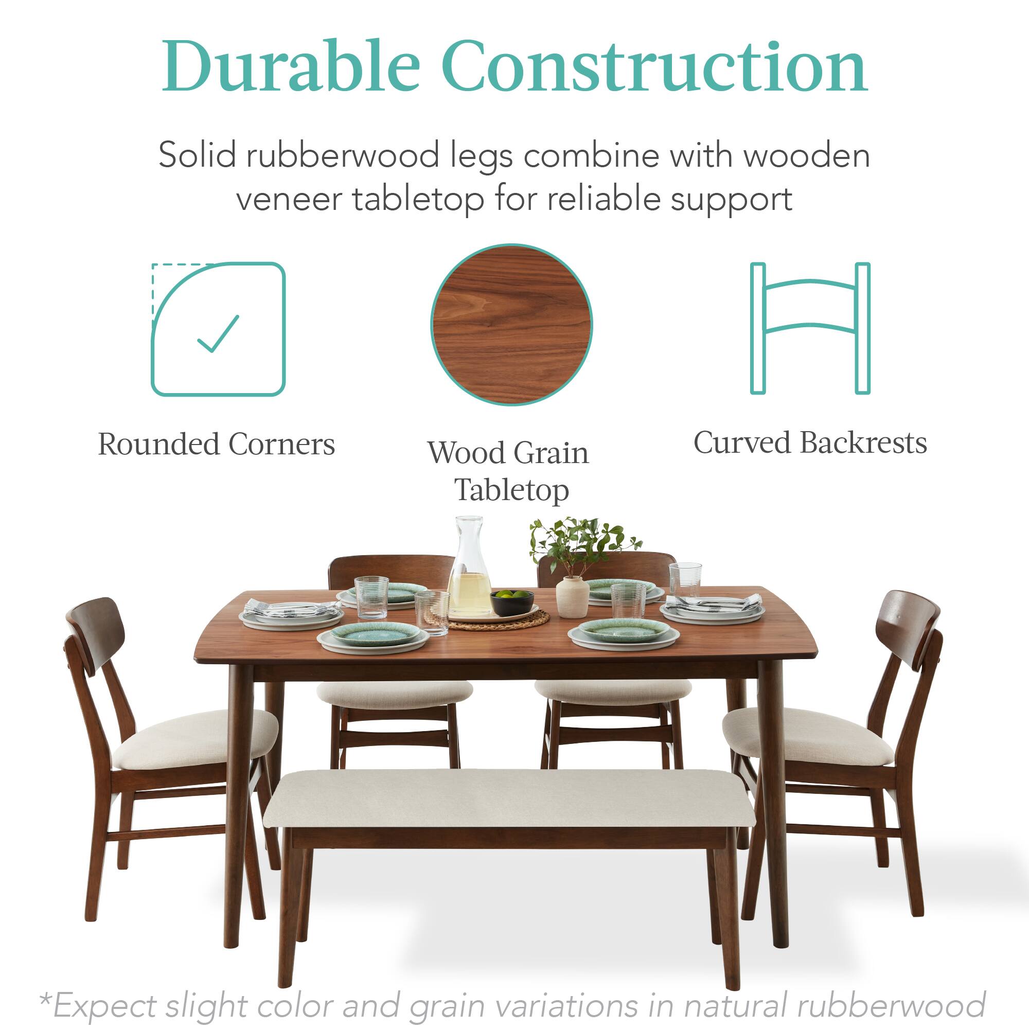 Durable Construction

Solid rubberwood legs combine with wooden veneer tabletop for reliable support

- Rounded Corners
- Wood Grain Tabletop
- Curved Backrests

*Expect slight color and grain variations in natural rubberwood