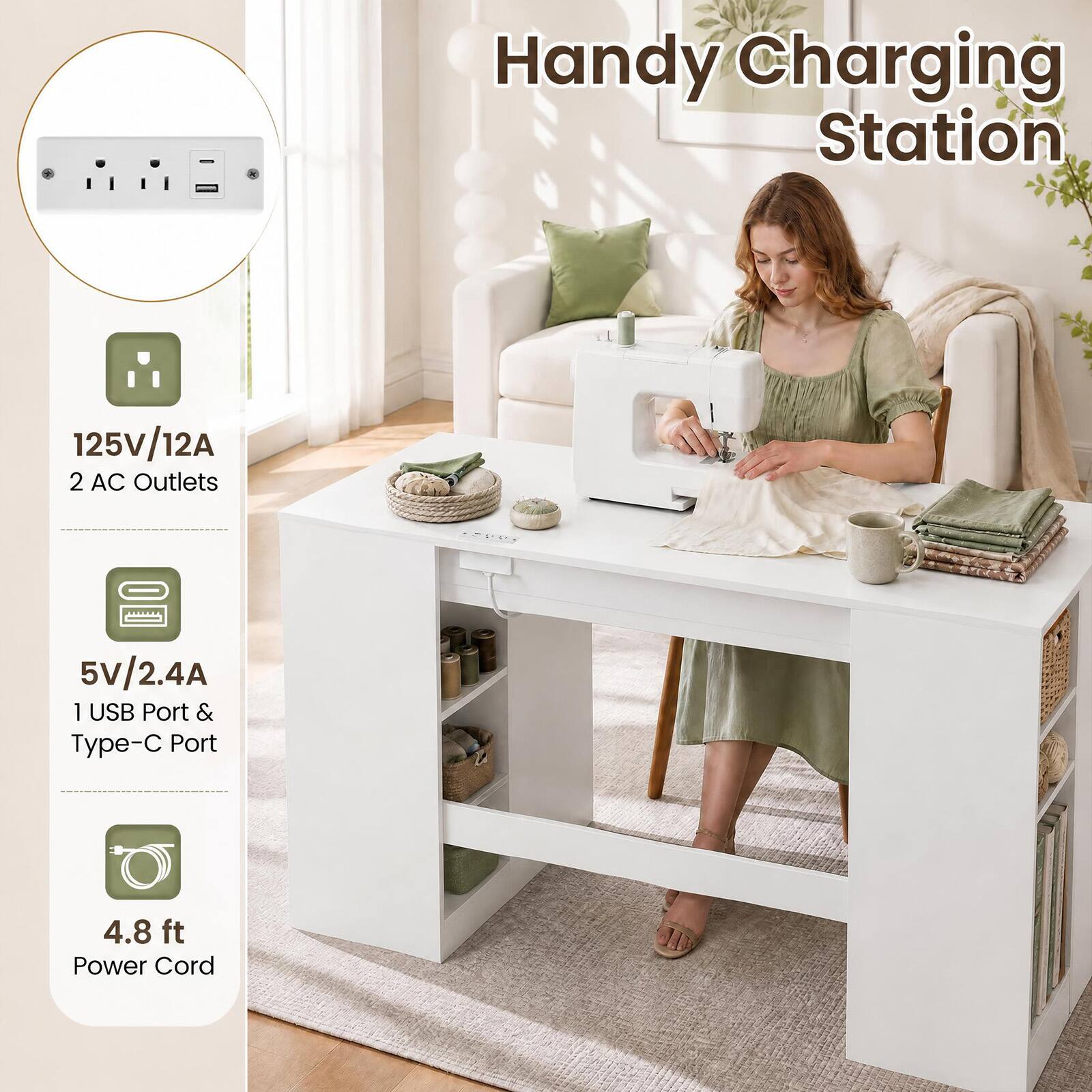 Handy Charging Station  
125V/12A 2 AC Outlets  
5V/2.4A 1 USB Port & Type-C Port  
4.8 ft Power Cord