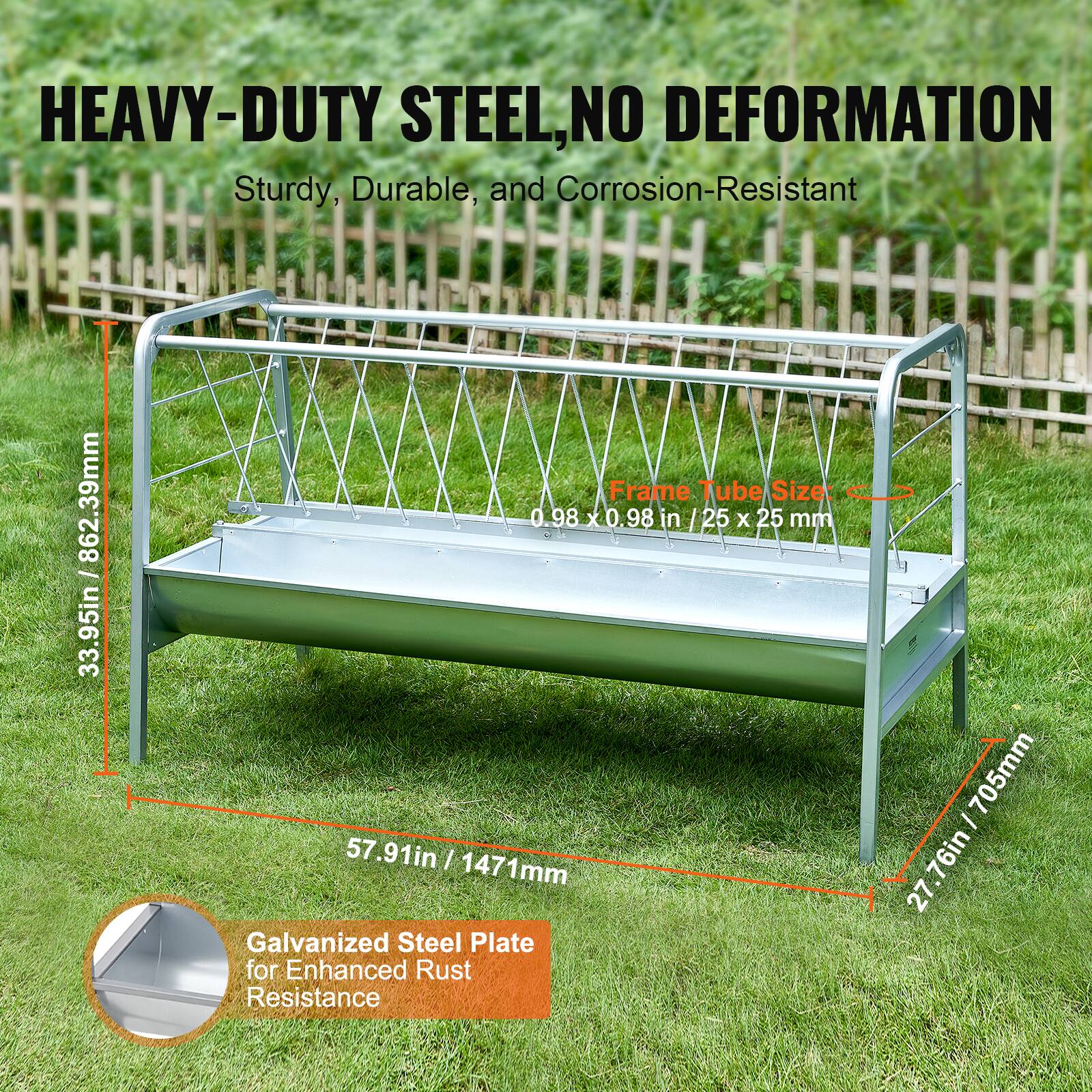HEAVY-DUTY STEEL, NO DEFORMATION  
Sturdy, Durable, and Corrosion-Resistant  

Frame Tube Size: 0.98 x 0.98 in / 25 x 25 mm  

Galvanized Steel Plate for Enhanced Rust Resistance  

862.39mm / 33.95in  
57.91in / 1471mm  
27.76in / 705mm