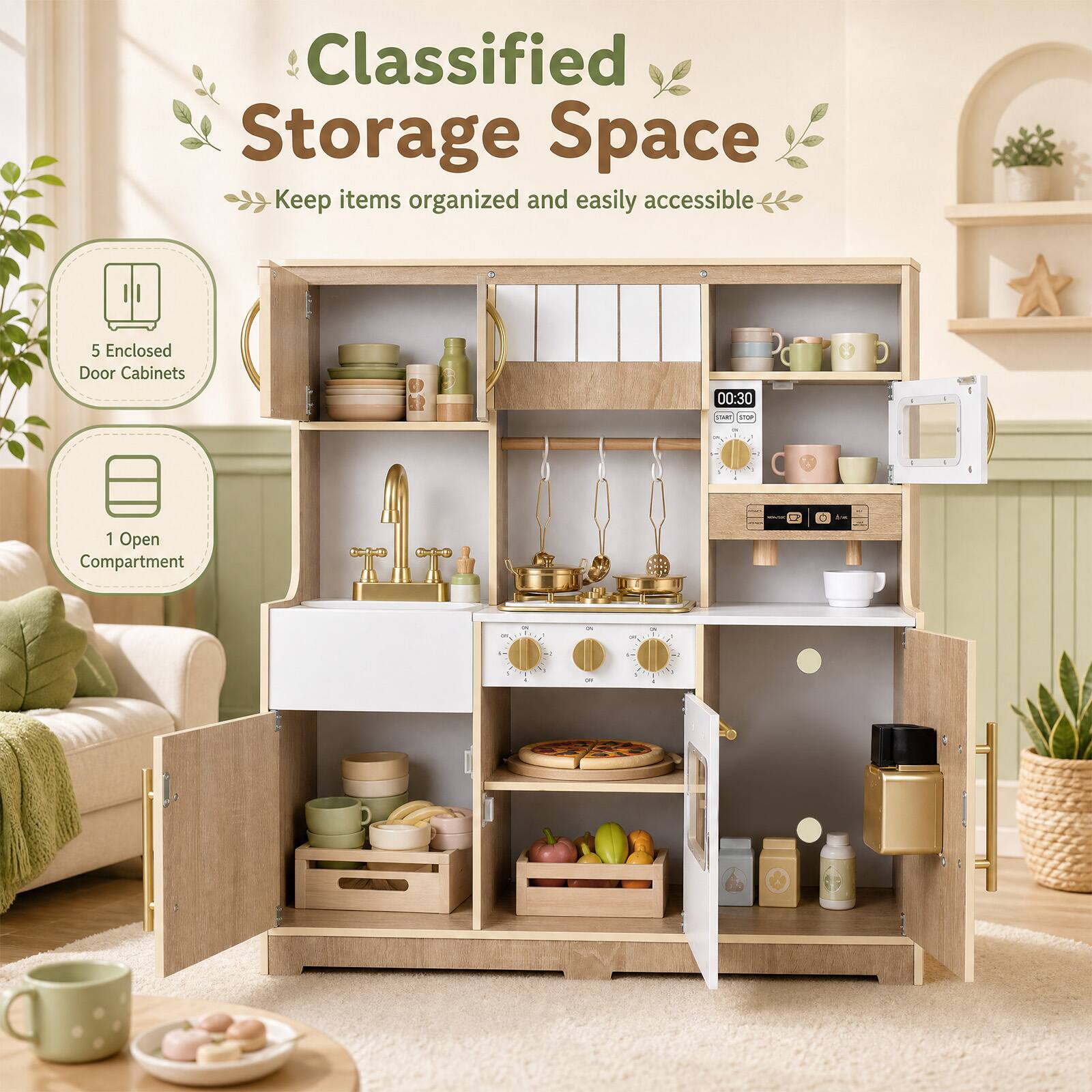 Classified Storage Space  
Keep items organized and easily accessible

5 Enclosed Door Cabinets  
1 Open Compartment