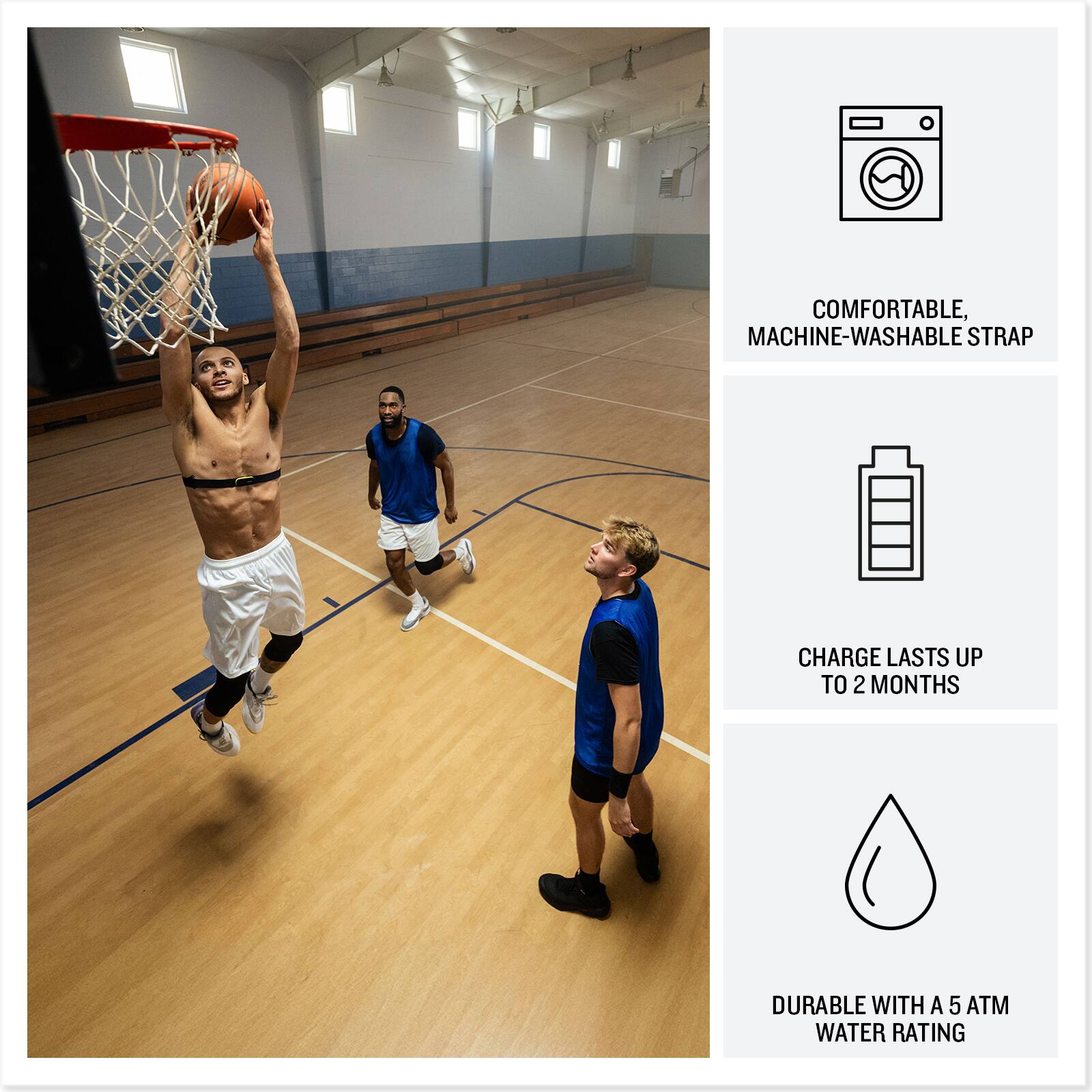 - COMFORTABLE, MACHINE-WASHABLE STRAP
- CHARGE LASTS UP TO 2 MONTHS
- DURABLE WITH A 5 ATM WATER RATING