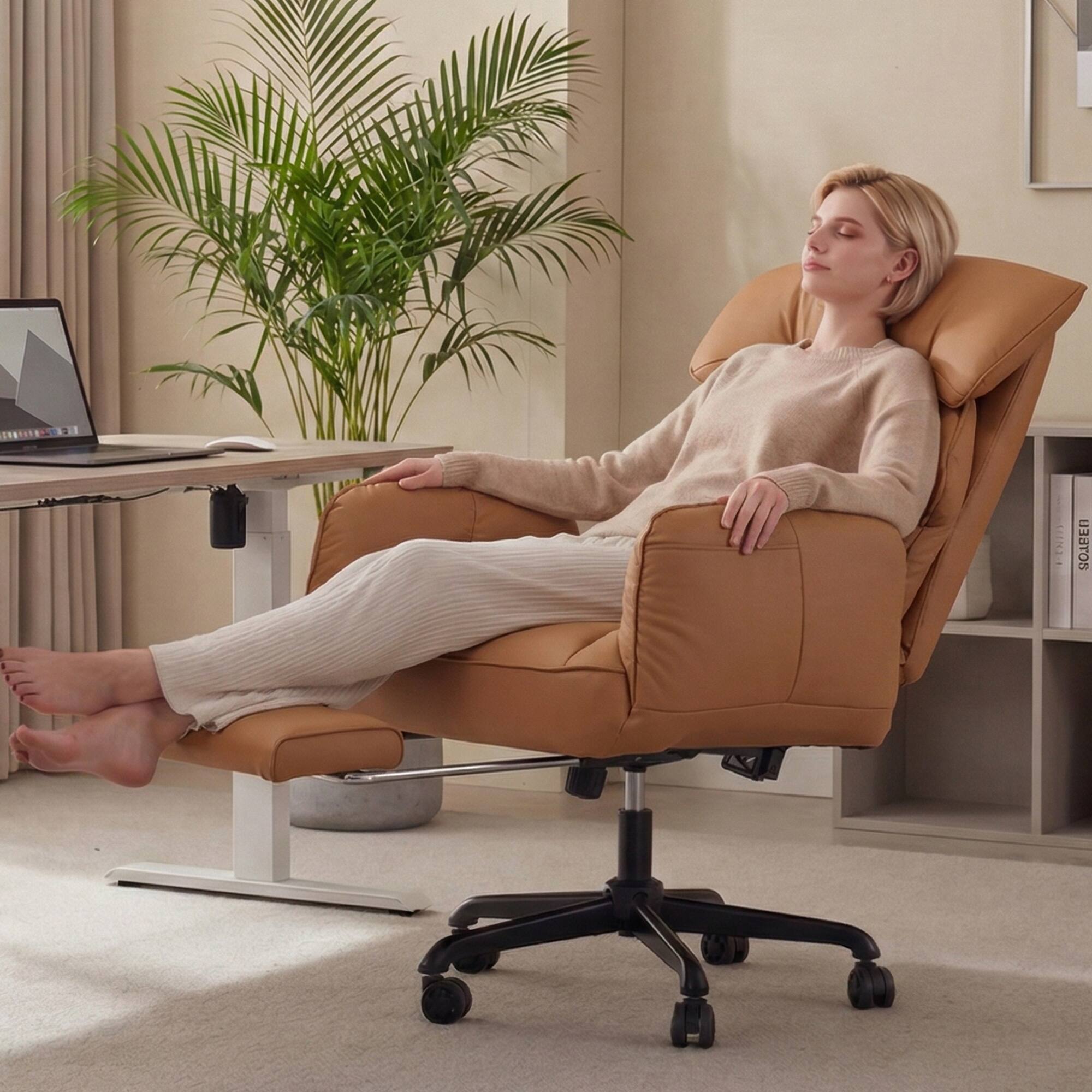Alt View 3. Dowinx - Cross Legged Office Chair with Pivoting Armrests,Criss Cross Chair with Footrest and Reclining Backrest - Brown.