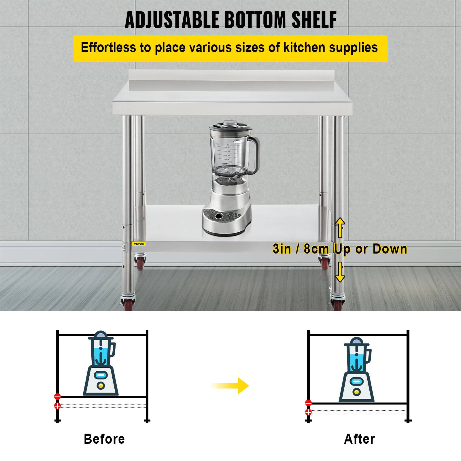 ADJUSTABLE BOTTOM SHELF  
Effortless to place various sizes of kitchen supplies  

3in / 8cm Up or Down  

Before → After