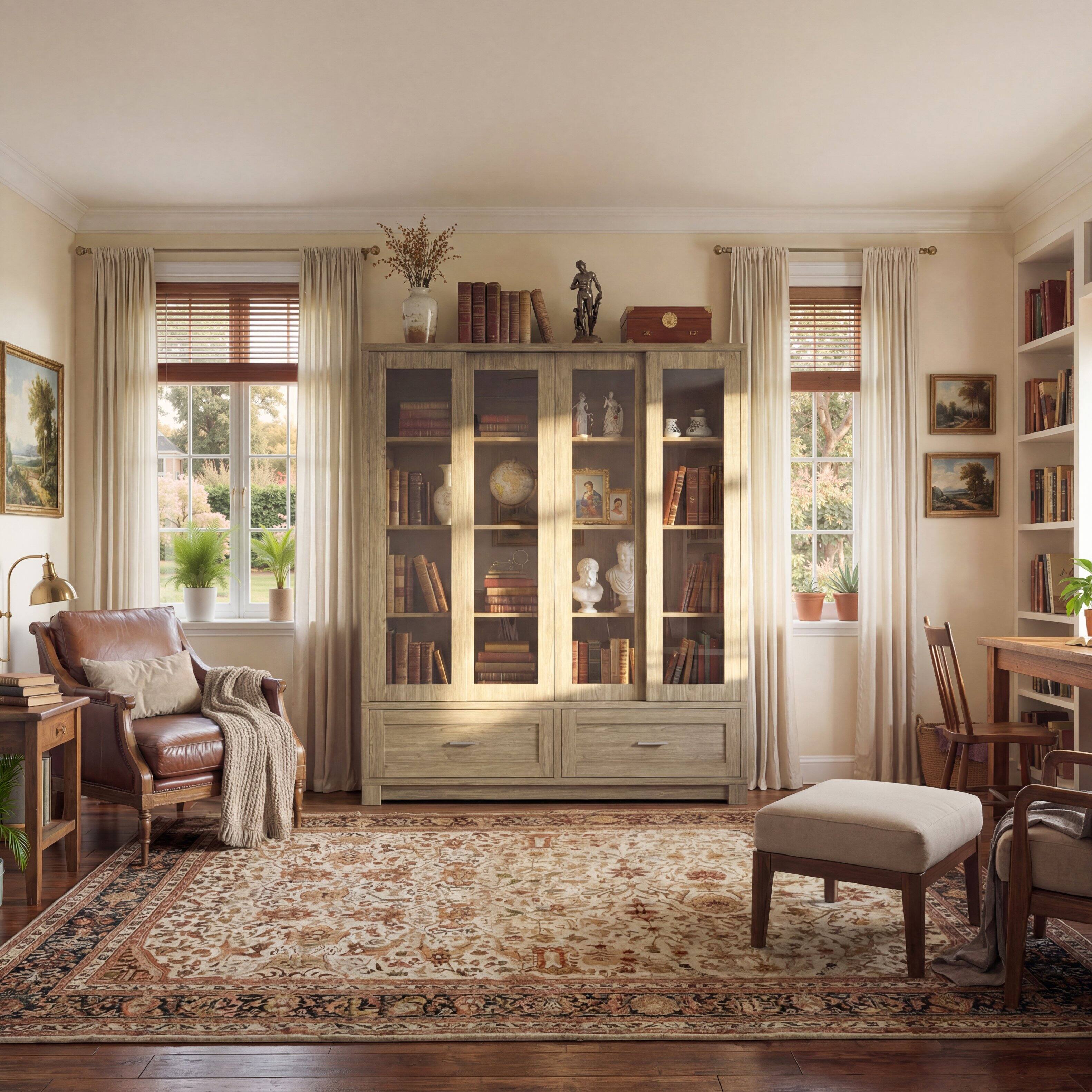 Alt View 7. Famapy - Glass Door Display Bookcase, Wood Grain Storage Cabinet with Fixed Shelves.