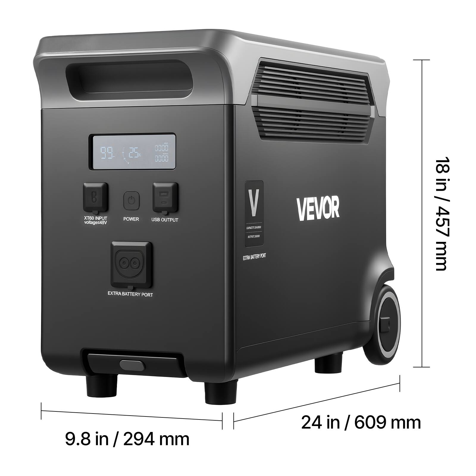 99 XTO0 INPUT voltages4lv 25 POWER nnn JUUU 3 J US OUTPUT V -T EEMA B F VEVOR 18 in / 18in / 457 457 mm EXTRA BATTERY PORT 9.8 in / 294 mm 24 in / 609 mm