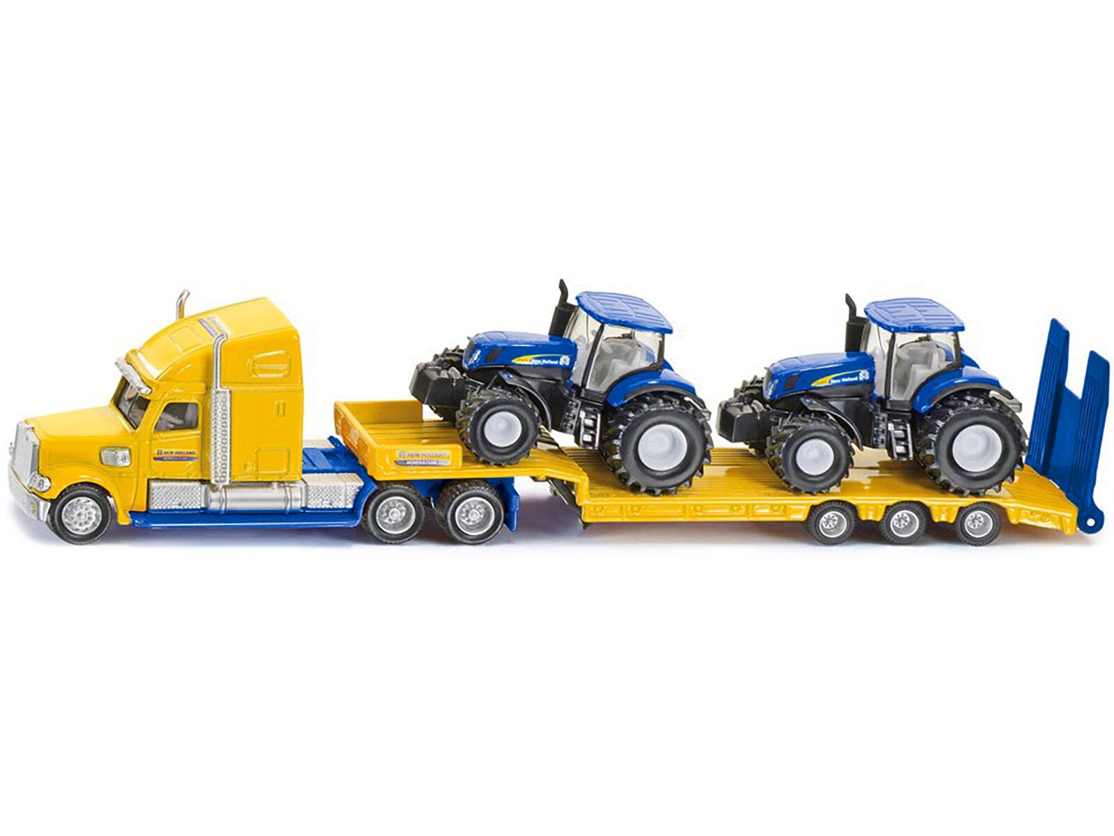 Angle. SIKU - Tractor Truck Yellow with 2 New Holland T7070 Tractors Blue 1/87 (HO) Diecast Models by Siku - Yellow, Blue.