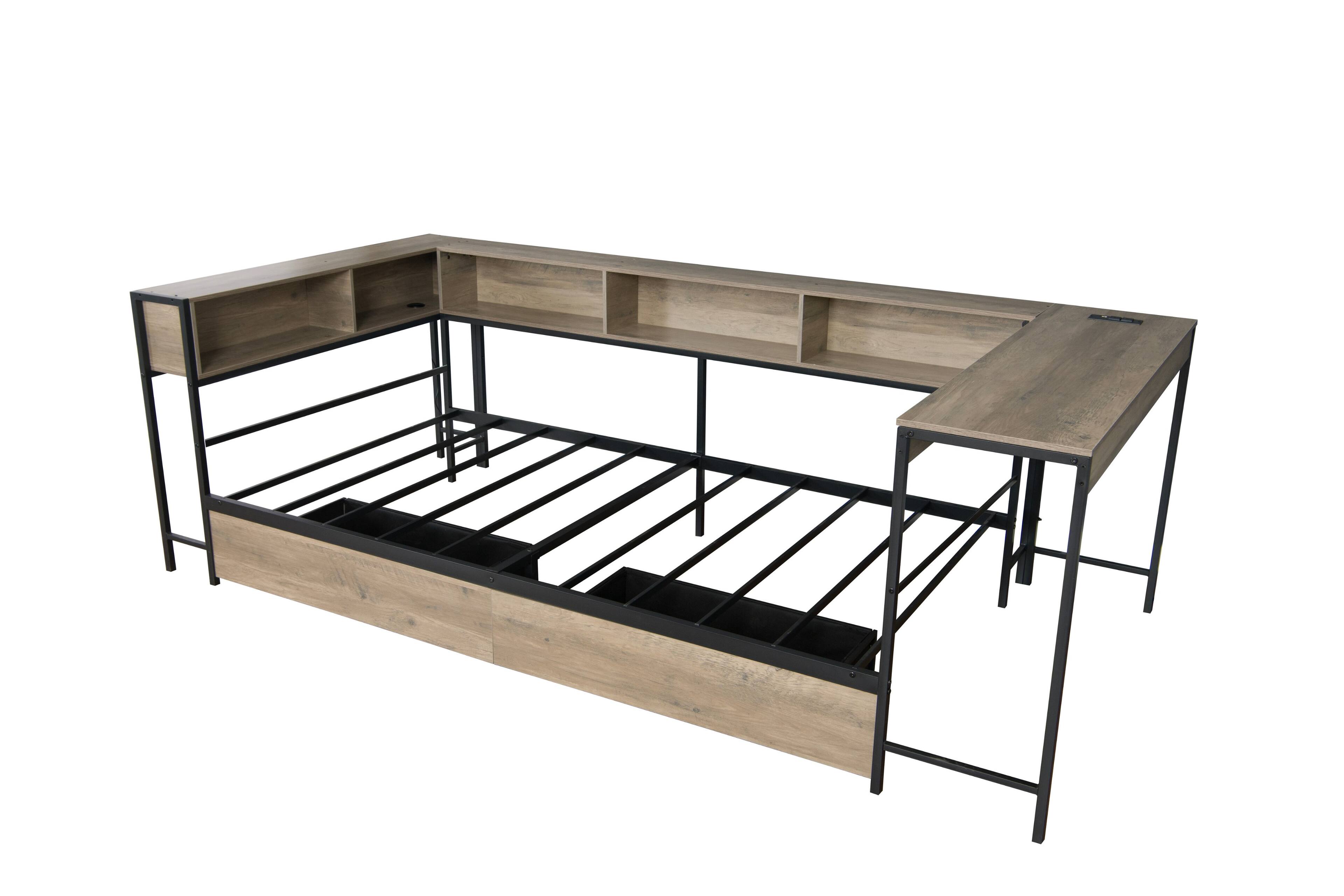 Back. LUCKY ONE - Twin Size Corner Bed Frame with Bookcase and 2 Underbed Storage Drawers - Grey.