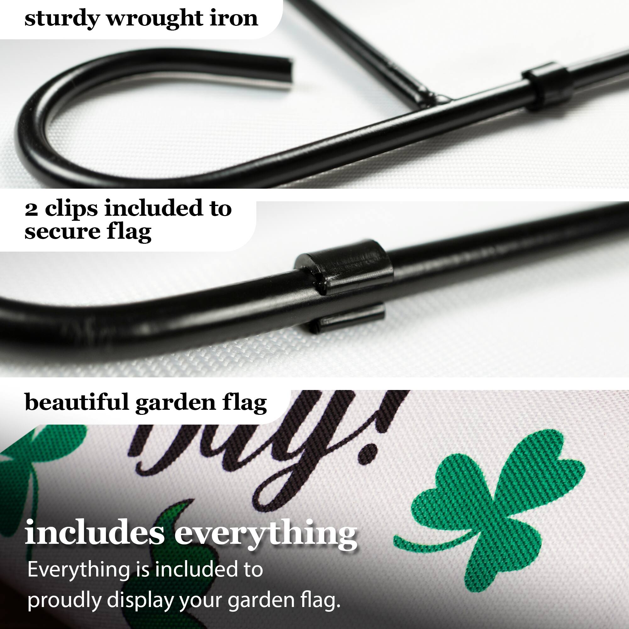 - sturdy wrought iron
- 2 clips included to secure flag
- beautiful garden flag
- includes everything
- Everything is included to proudly display your garden flag.