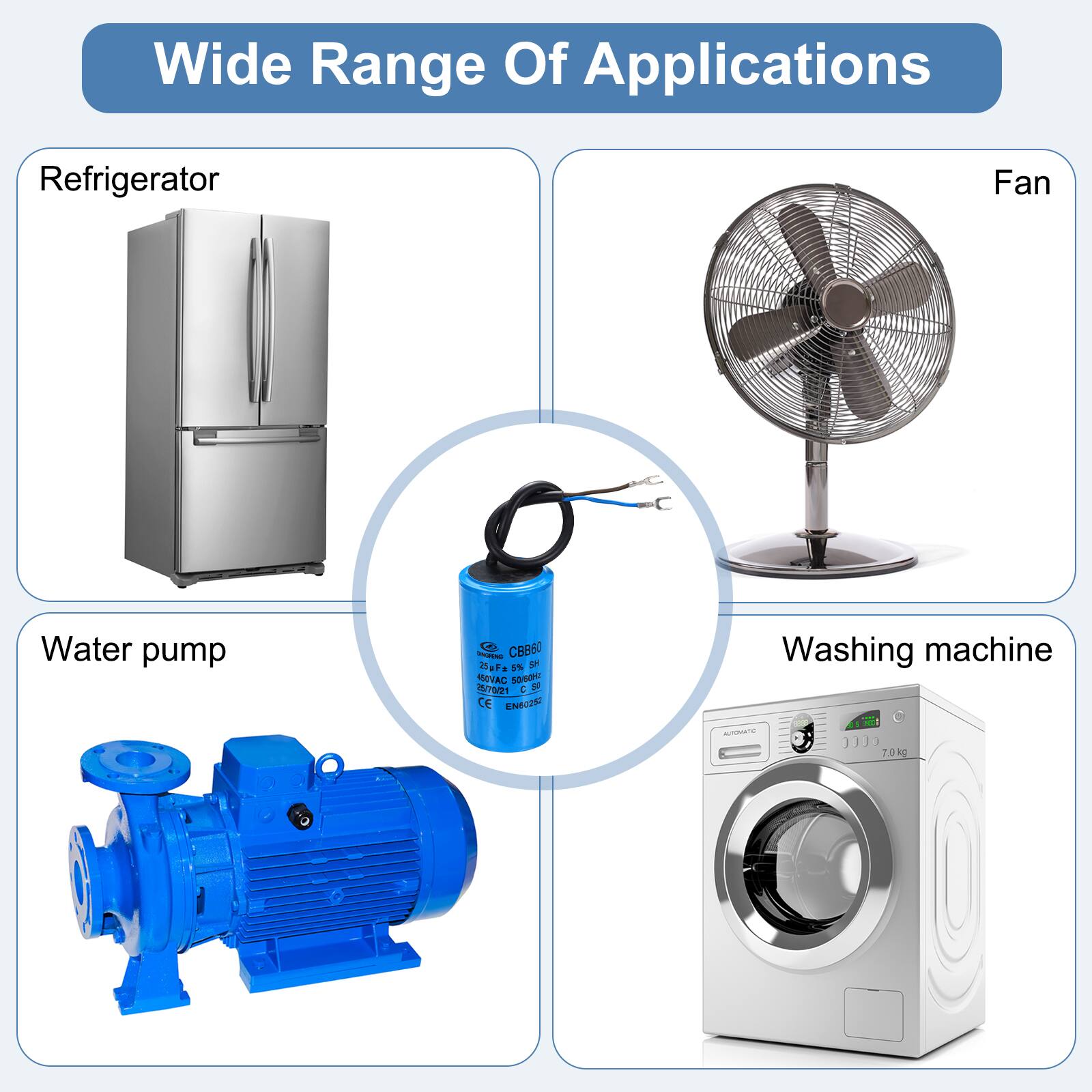 Wide Range Of Applications

- Refrigerator
- Fan
- Water pump
- Washing machine (7.0 kg)