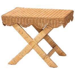 bali & pari - Modesta Natural Rattan Accent Bench - Handwoven Wicker Seating with Scalloped Apron and X-Frame Base - Light Honey