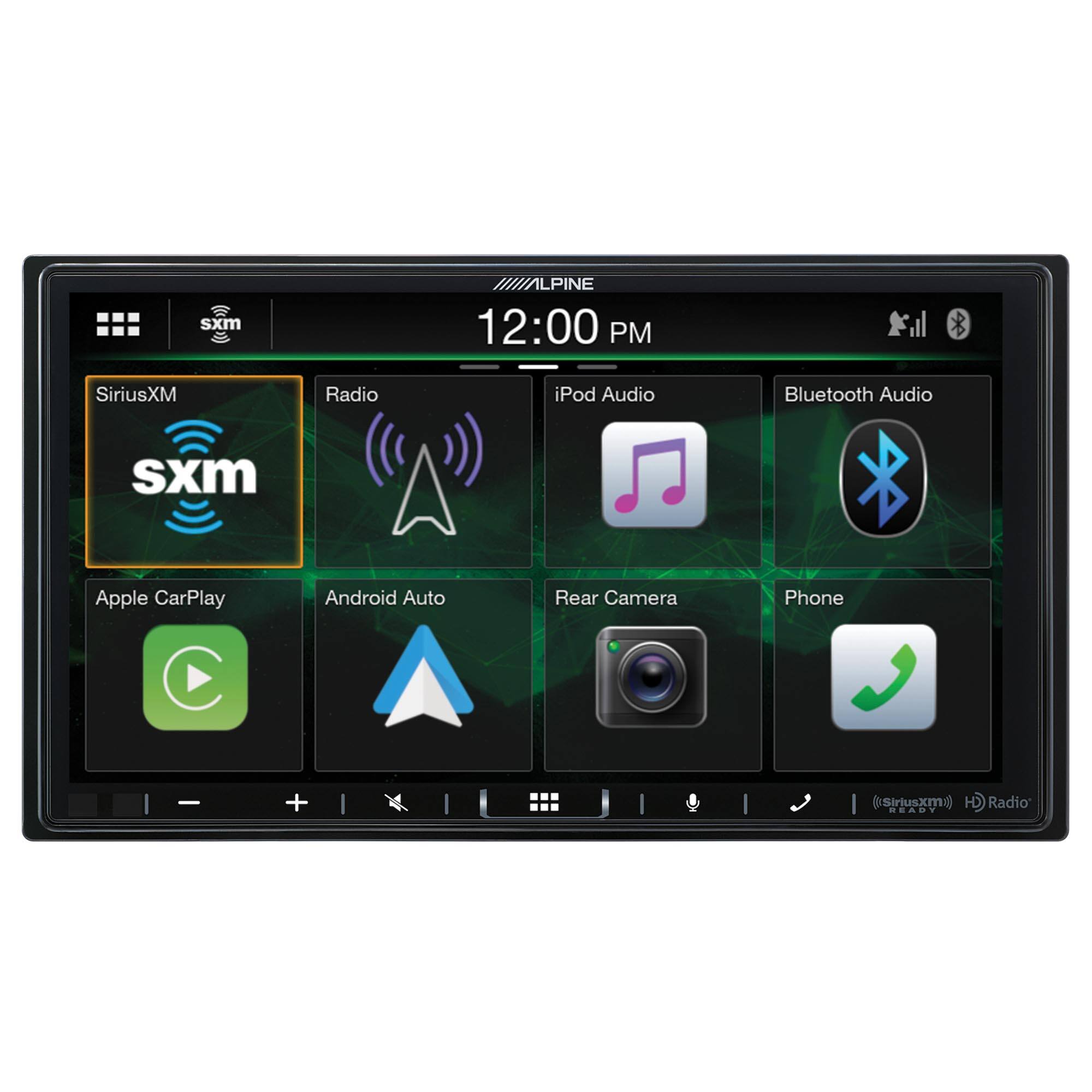 SXM LPINE 12:00 PM SiriusXM Radio iPod Audio Bluetooth Audio sxm Apple CarPlay Android Auto Rear Camera Phone + SiriusXM HD Radio