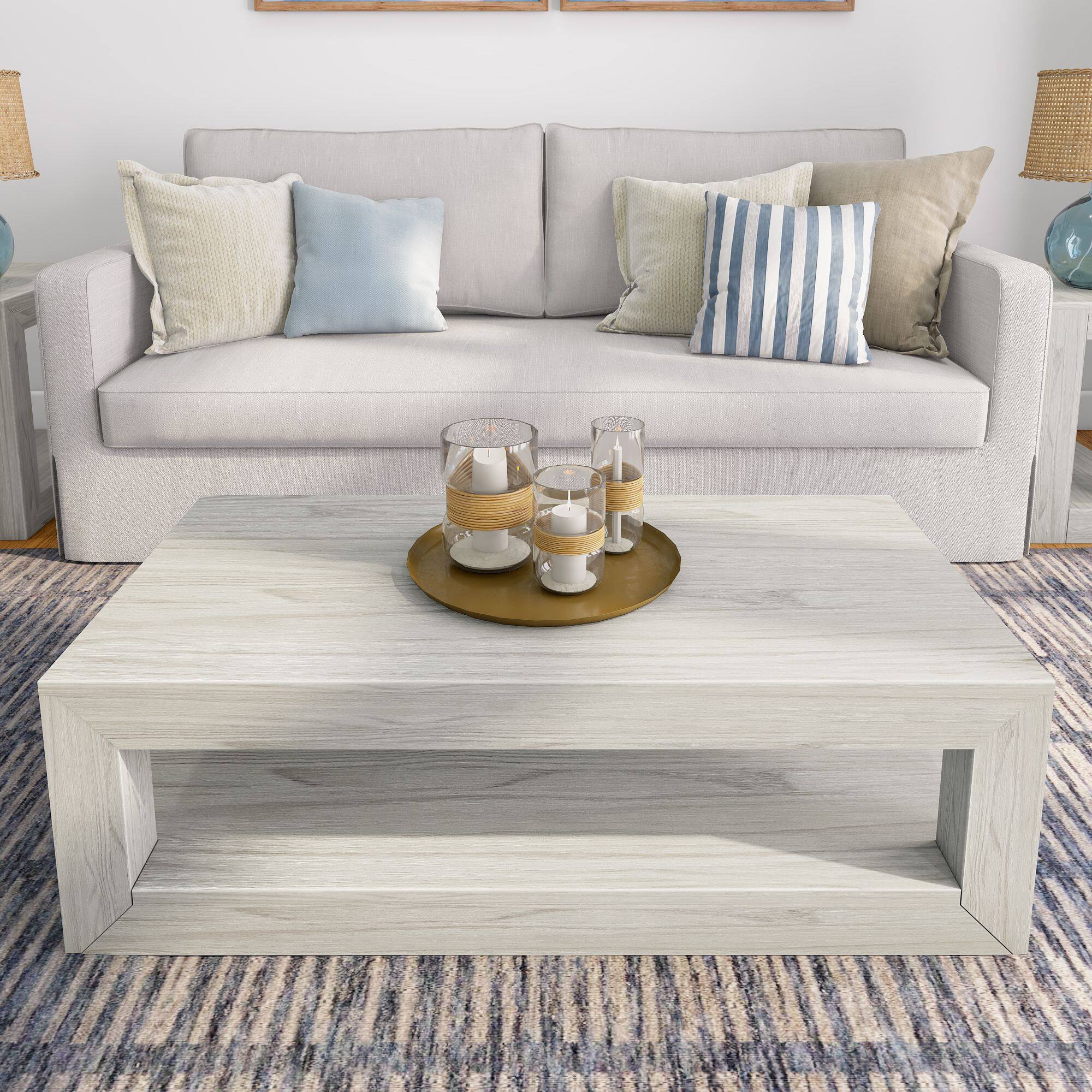 Alt View 4. Plank+Beam - Modern Rectangular Coffee Table with Bottom Shelf (40in x 20in / 1020mm x 510mm), White Sand Wirebru - White Sand Wirebrush.