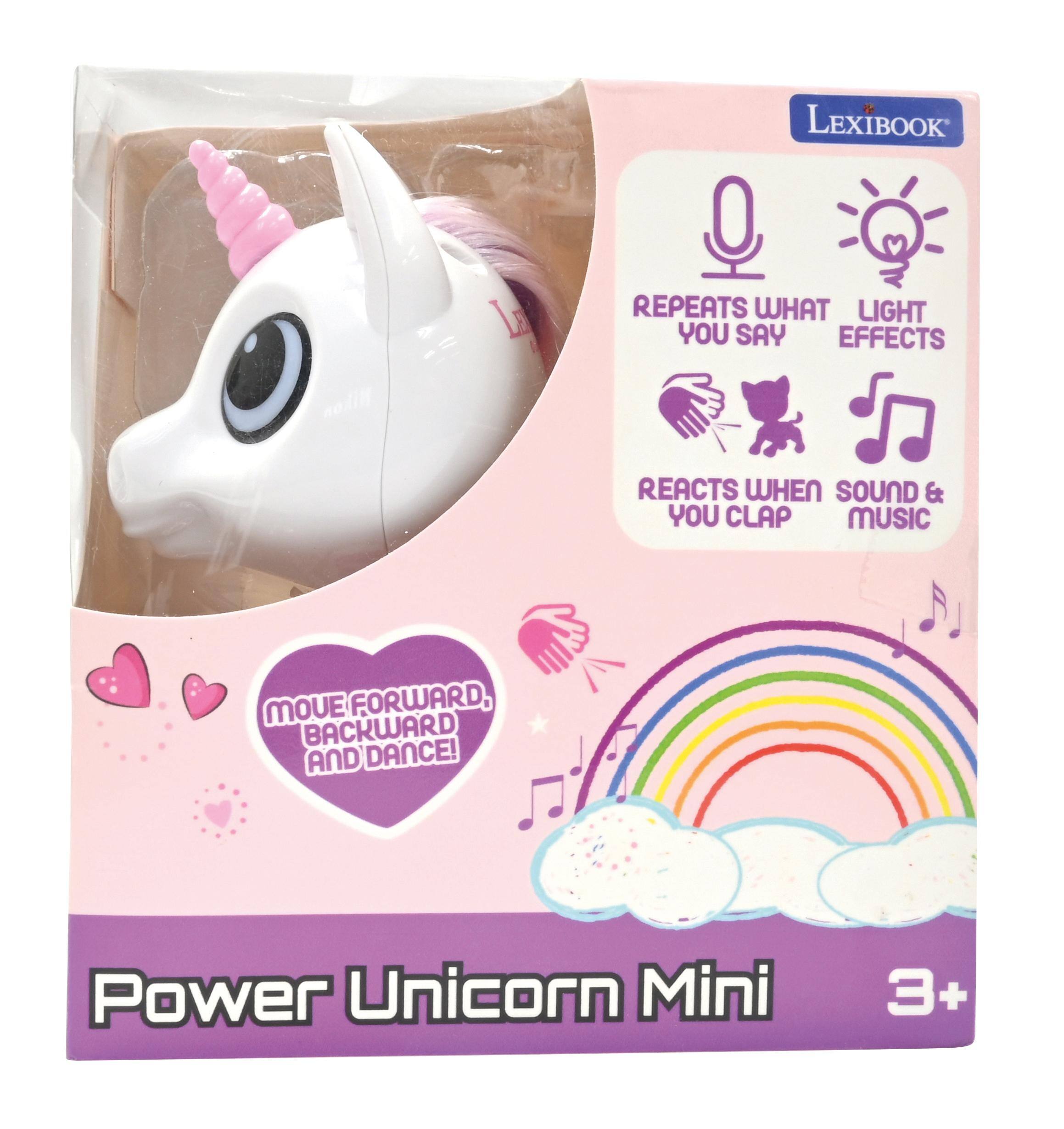 LEXIBOOK

- REPEATS WHAT YOU SAY
- LIGHT EFFECTS
- REACTS WHEN YOU CLAP
- SOUND & MUSIC

MOVE FORWARD, BACKWARD AND DANCE!

Power Unicorn Mini
3+
