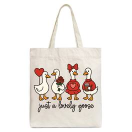 OrnamentallyYou - Just a Lovely Goose Valentine Canvas Tote Bag, Coquette Cute Love Printed Gift Bag - Beige
