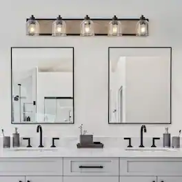 LUCKY ONE - 40in Wall Mount Vanity Light, 5-Light Farmhouse Wood Sconce with Seeded Glass Shades - Black