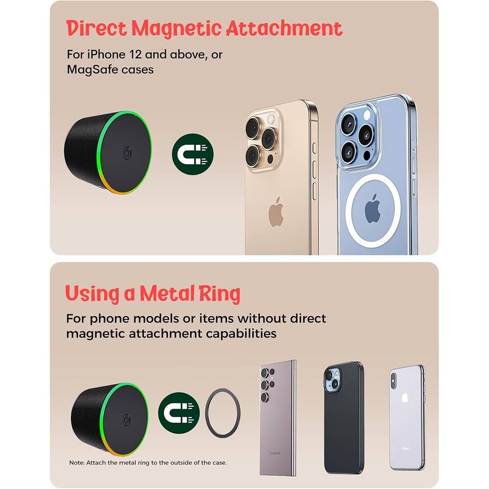 Direct Magnetic Attachment  
For iPhone 12 and above, or MagSafe cases  

Using a Metal Ring  
For phone models or items without direct magnetic attachment capabilities  

Note: Attach the metal ring to the outside of the case.