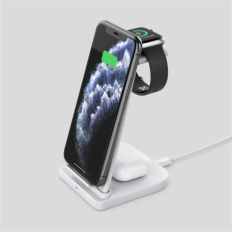 Front. SKRAN - 15W 3-in-1 Phone Stand - Fast Charging Dock, Wireless Charger Compatible with iPhone, Apple Watch & AirPods, White - White.