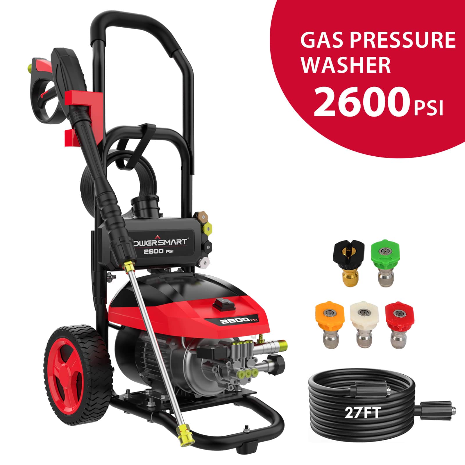 POWERSMART - 2600PSI Electric Brushless Pressure Washer, 1.2GPM, 1800W, 27FT Hose, Safety Lock - Red