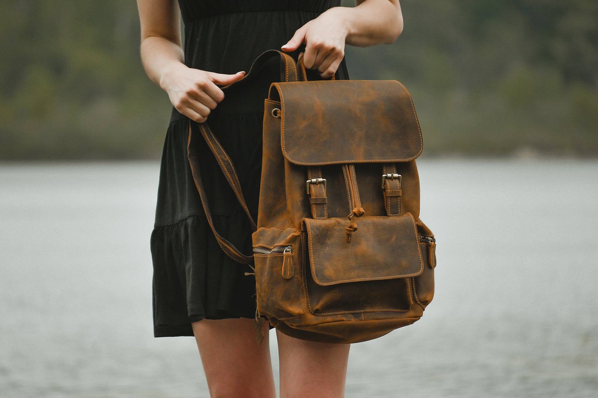 Angle. Steel Horse Leather - The Hagen Backpack | Vintage Leather Backpack - Dark Brown.