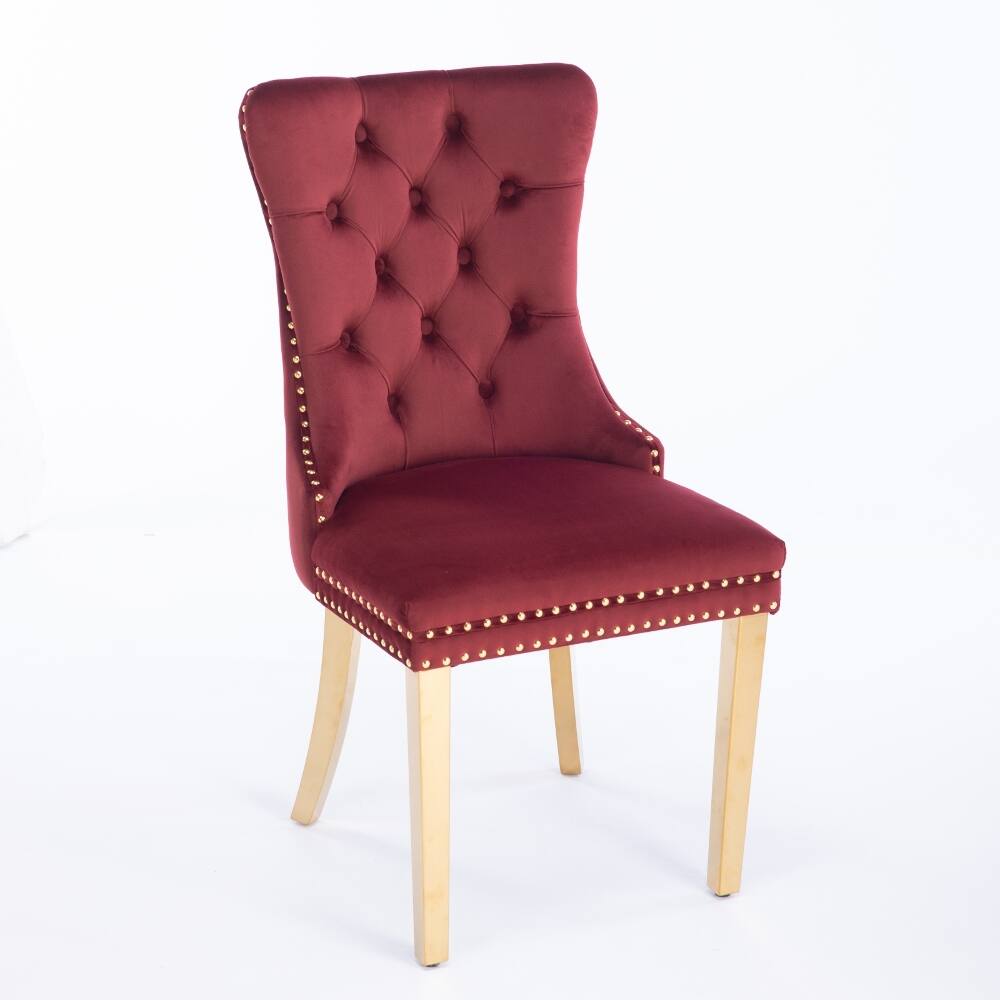 Back. Loheer - Loheer Velvet Dining Chairs Tufted Burgundy Upholstered Set of 2 with Gold Legs - Burgundy.