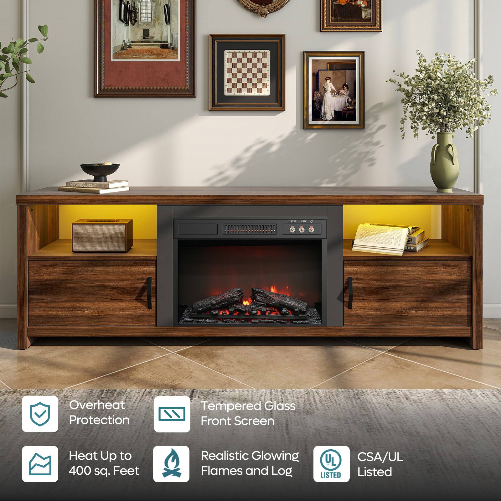 - Overheat Protection
- Tempered Glass Front Screen
- Heat Up to 400 sq. Feet
- Realistic Glowing Flames and Log
- UL Listed
- CSA/UL Listed